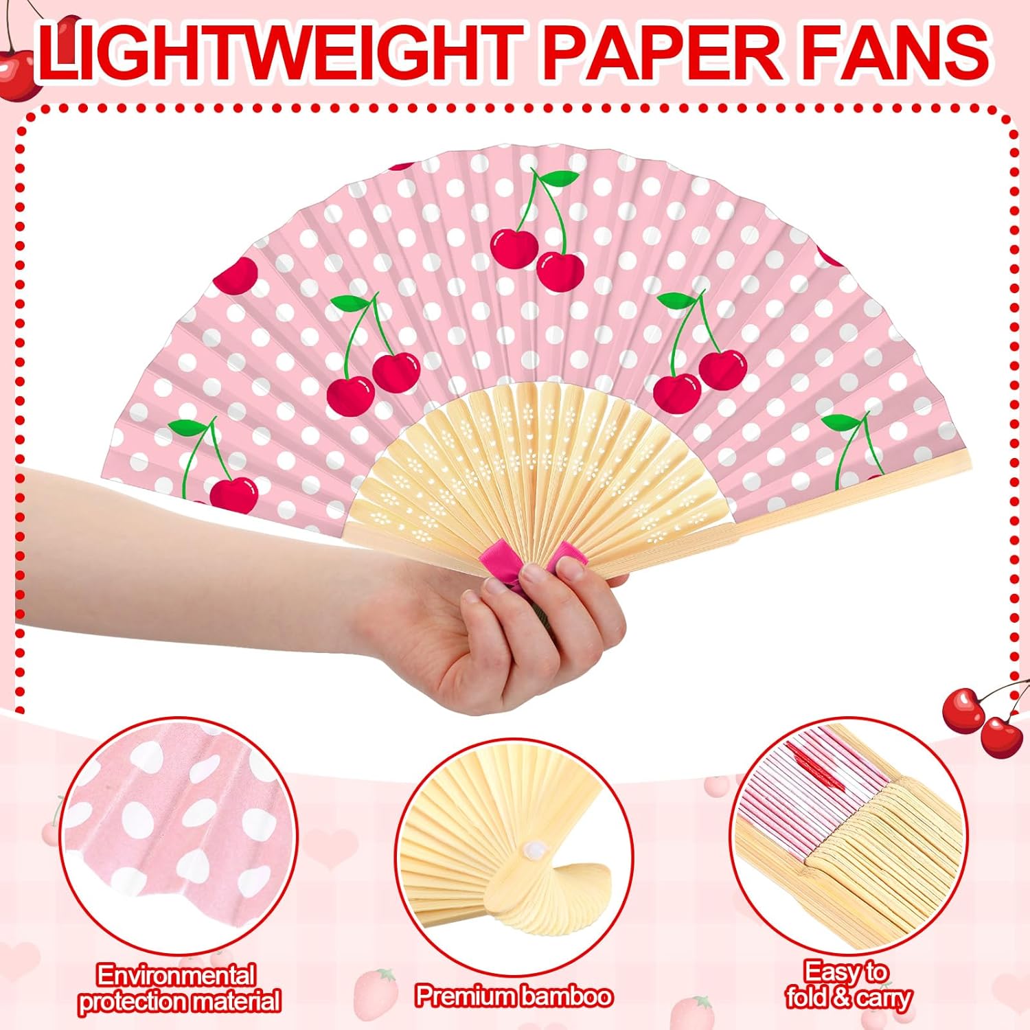Roowest 36 Pcs Cherry Party Favor Hand Fans Cherry and Bow Folding Hand Fan Bulk Coquette Bows Cherries Pattern Collapsible Paper Handheld Fans for Cherries Themed Birthday Wedding Bridal Baby Shower
