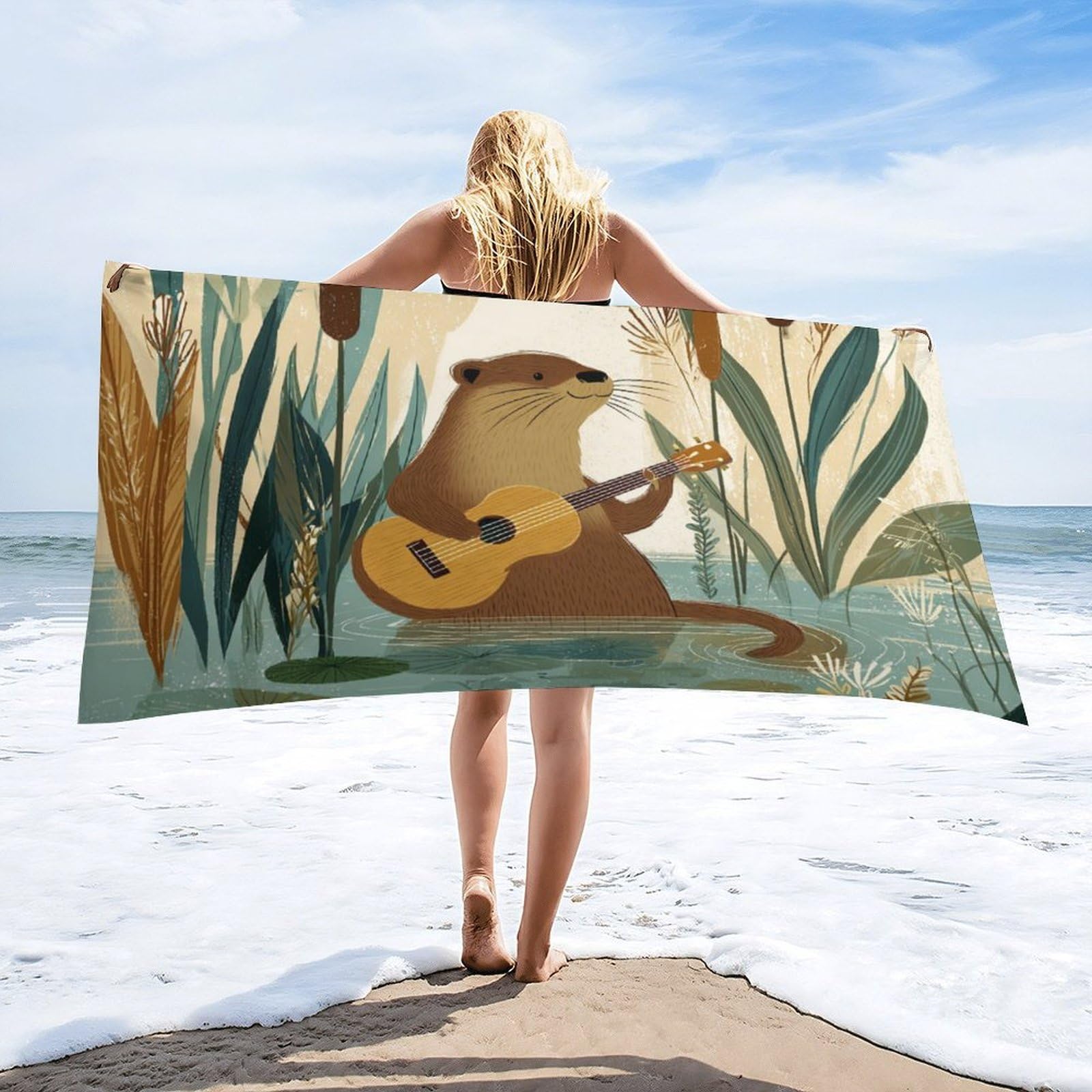 Luyysky Vintage Funny Otter Playing Guitar Absorbent Beach Towel, Modern Cartoon Music Theme Animal Otter Lotus Leaves Outdoor Single-Sided Velvet Beach Towel-80 W Cm X 160" L Cm