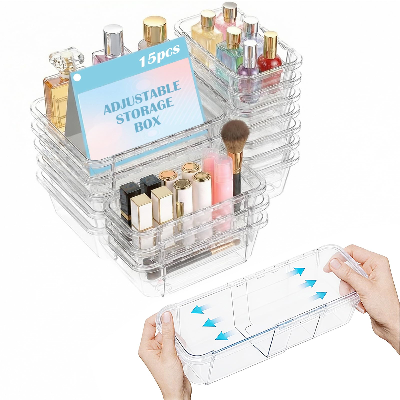 15 organizer per cassetti estensibili, trasparenti, regolabili, organizer per cassetti da scrivania, bidoni in acrilico per trucchi, cosmetici, utensili da cucina e ufficio