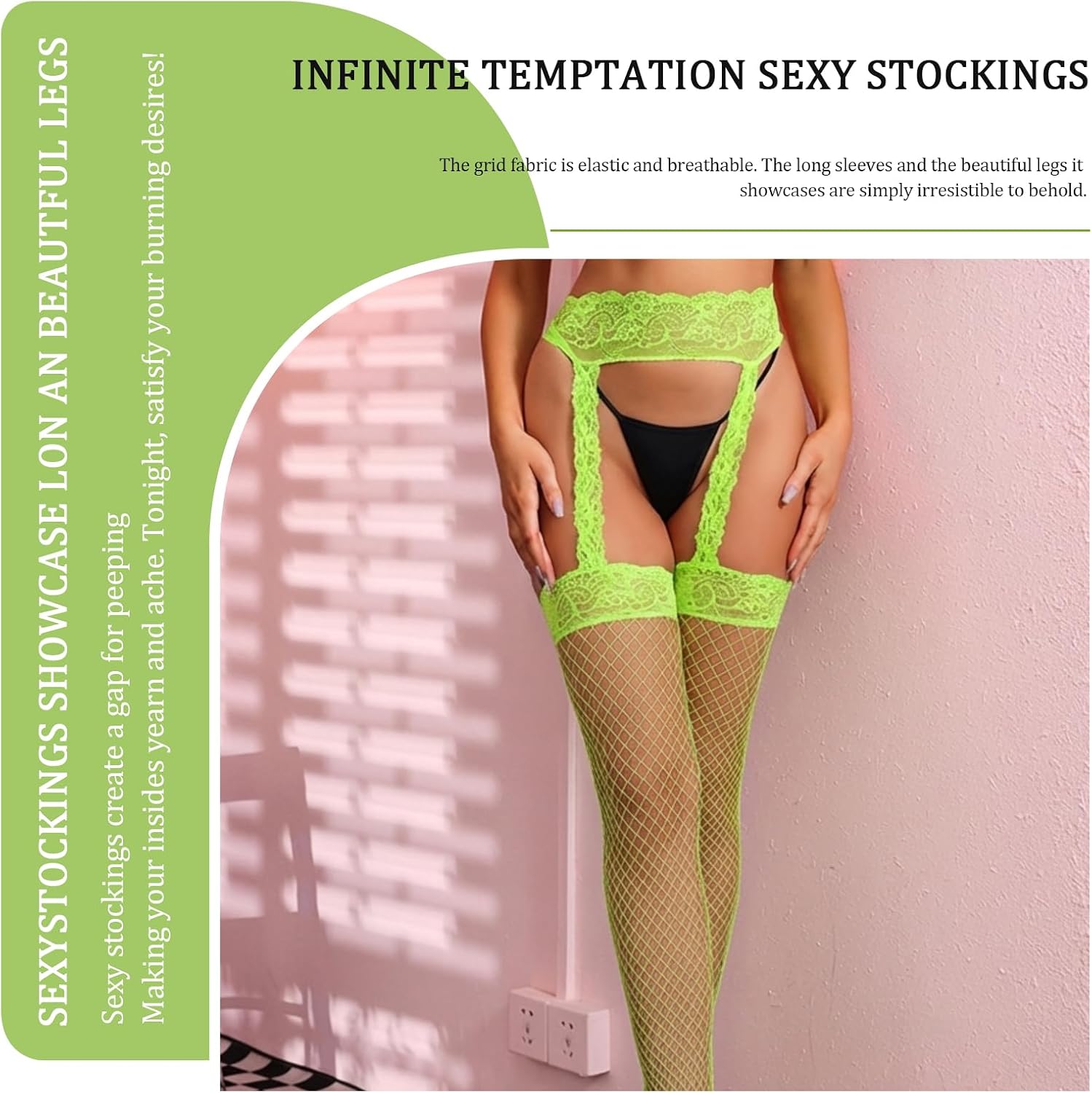 FRENZCOY Fishnet Stockings for Women Sexy Lace Fishnet Thigh High Stockings,Antiskid Garter Belt and Thigh Highs Set