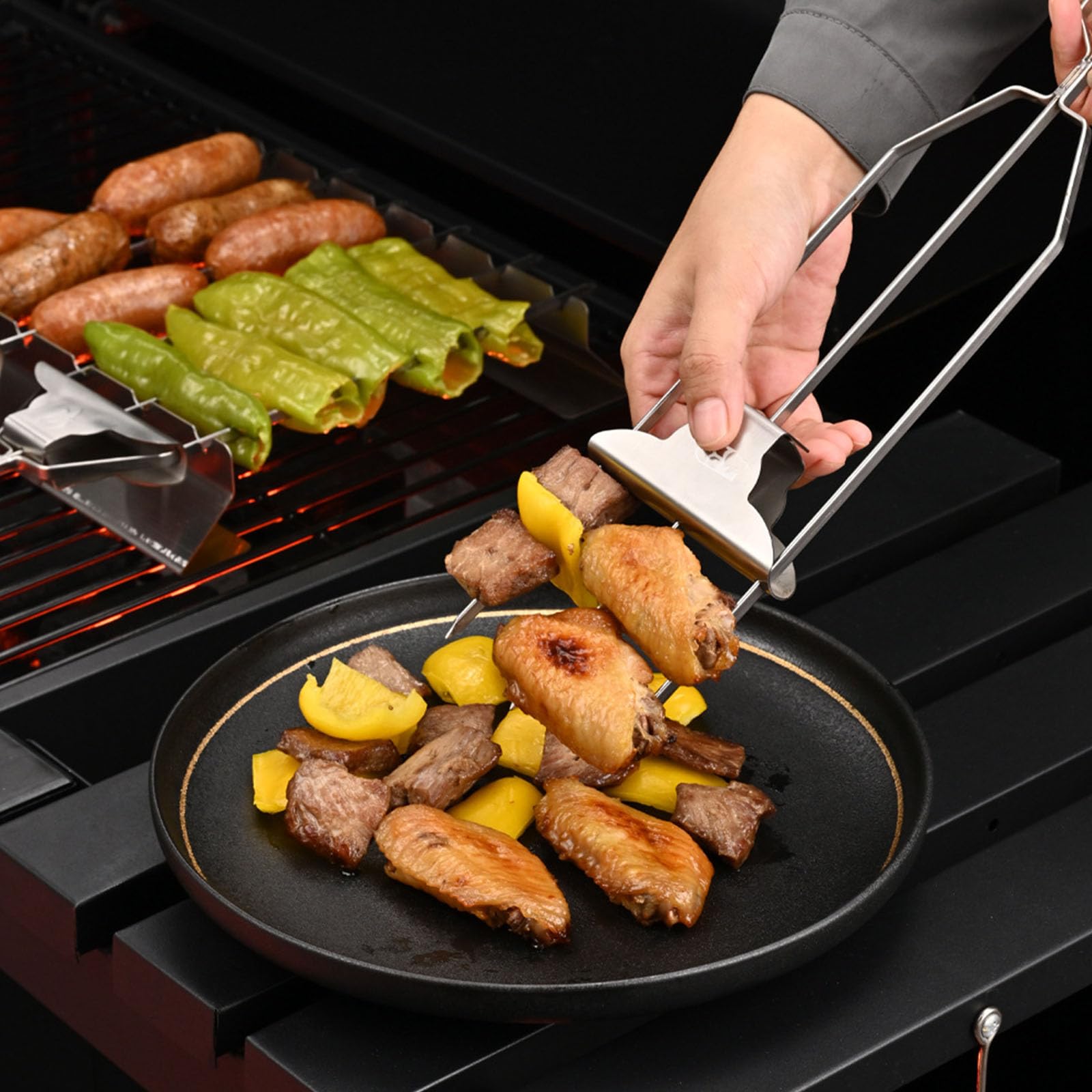Spiedini in acciaio inossidabile a 3 punte per barbecue con design a maniglia spinta, eccellenti per spiedini carne, verdure e frutti mare resistenti