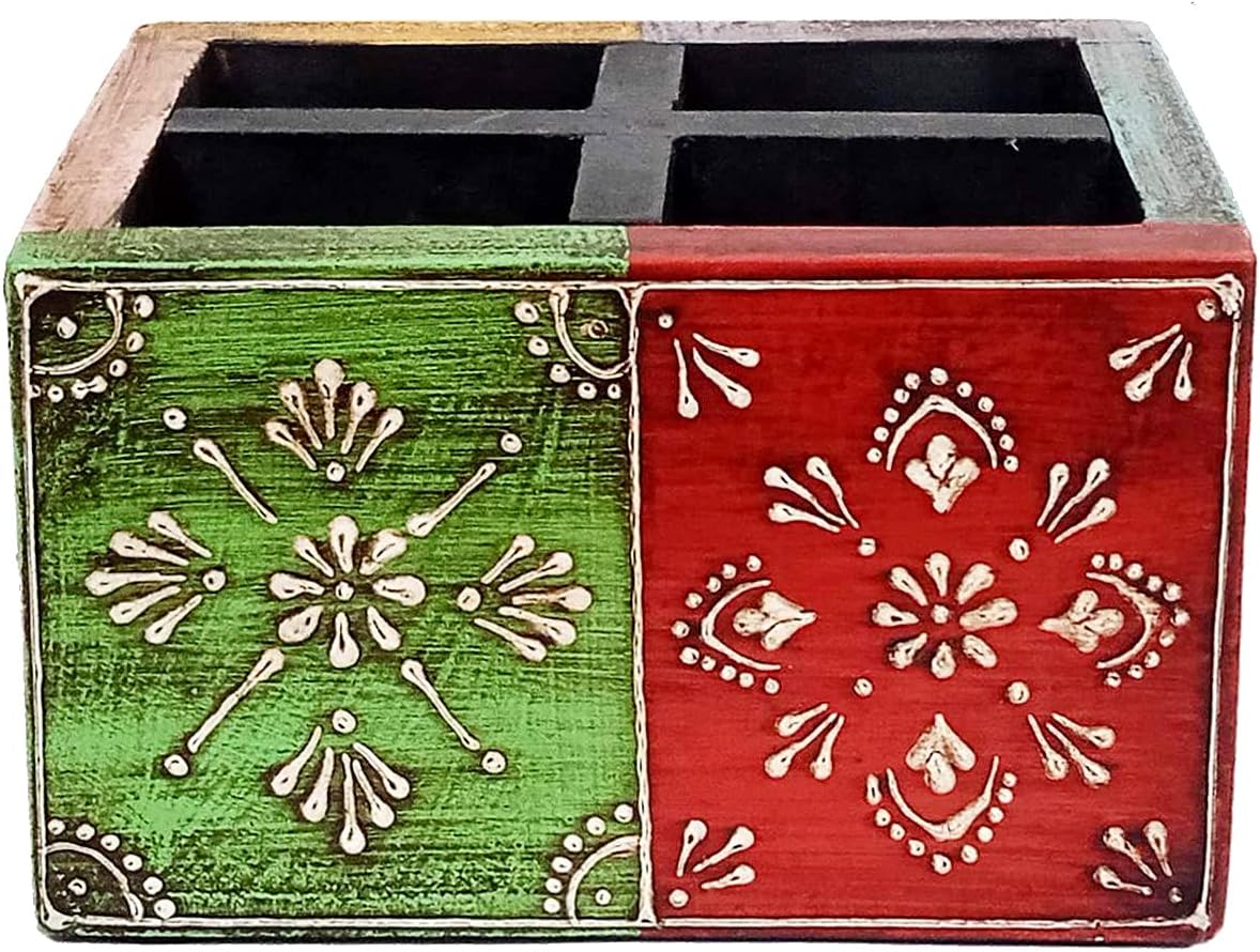 Purpledip Wooden Desk Organizer for Pens, Mobile Phone Or Visiting Cards: Hand Painted Office Table Accessory (10743A)