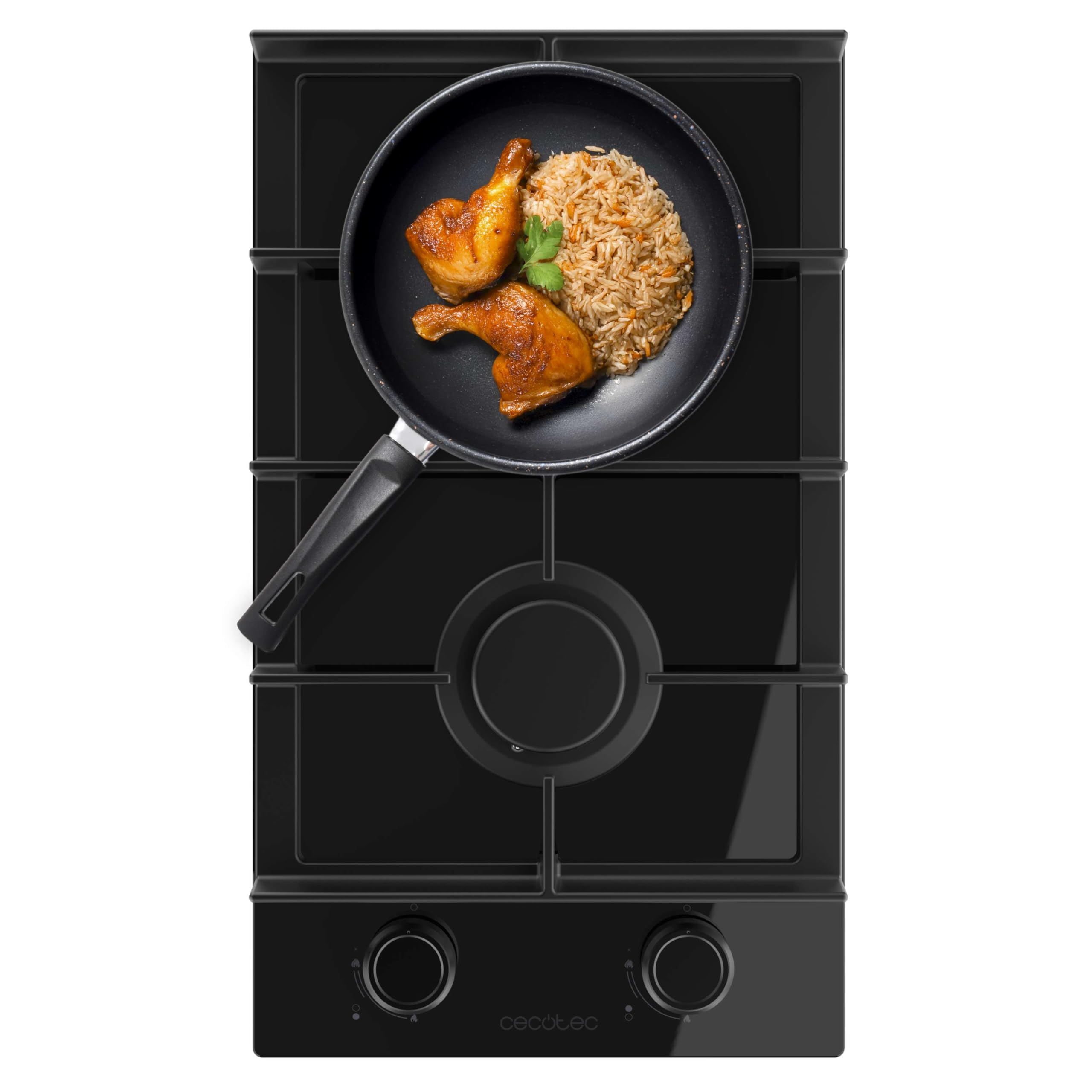 Cecotec Placa de Gas de 2 Fuegos Bolero Squad G 2400F Glass Black, 5,2kW, Glass Black, Parrillas Hierro Fundido, Quemador WOK Triple, Encendido Electrónico, Seguridad Válvulas, accesorio conversión - 1