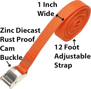 12 Foot Cinch-Strap, 10-Pack, Made in the USA, Zinc Diecast Cam Buckle, 1-inch Polyester Tie-Down Webbing