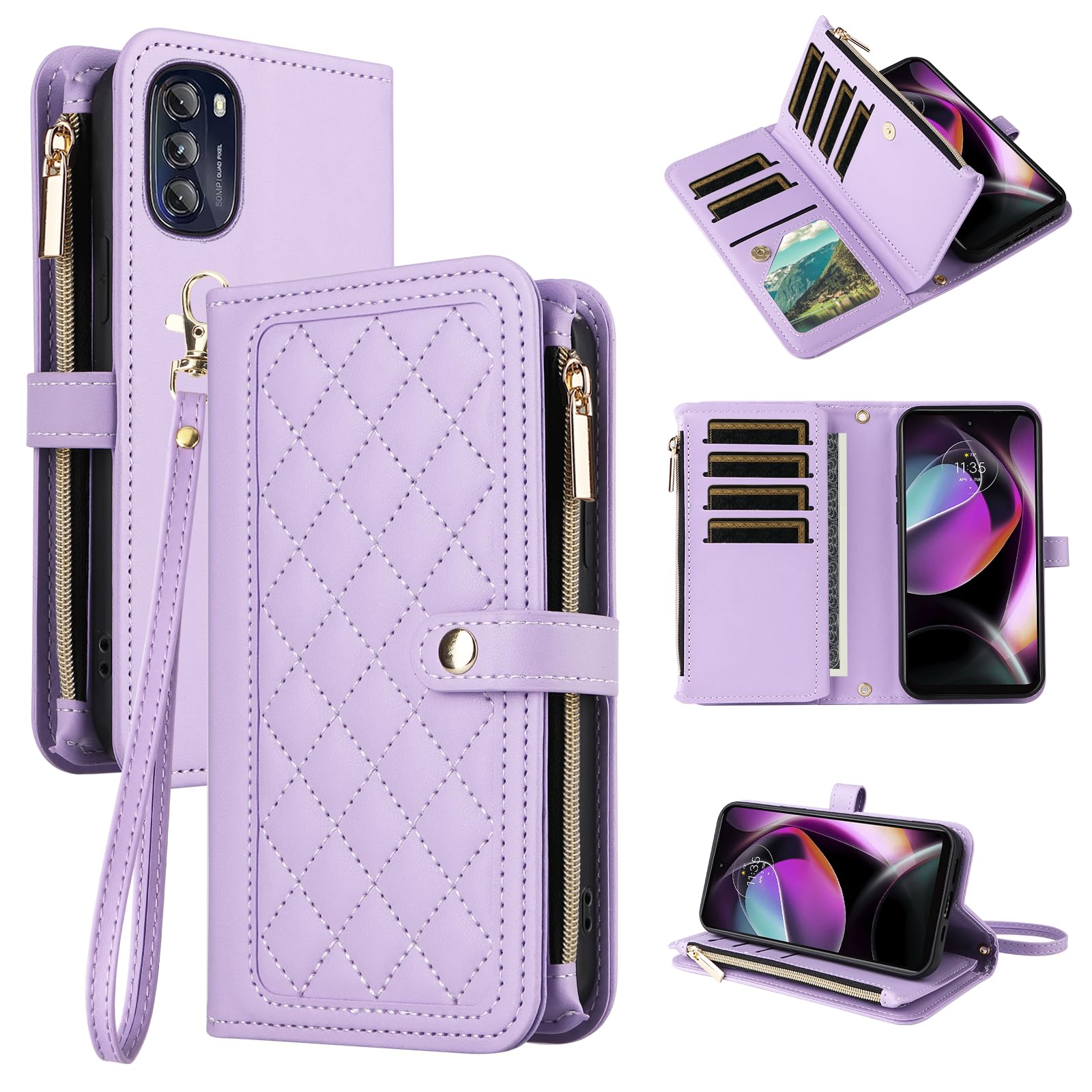 Dswteny Wallet Case for Motorola Moto G 5G 2022 with Wrist Strap Flip Zipper Credit Card Holder Soft Stand Accessories Cell Phone Cover for MotoG 5 G