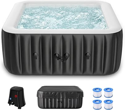 DoCred 2-4 Person Inflatable Hot Tub, 60" X 60" X 25" Square Portable Hot Tub with 120 Bubble Jets, Large Outdoor Spa Blow Up Bathtub Set with Heater Pump, Insulated Cover and Filter