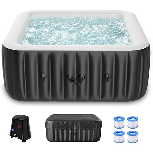 DoCred 2-4 Person Inflatable Hot Tub, 60" X 60" X 25" Square Portable Hot Tub with 120 Bubble Jets, Large Outdoor Spa Blow Up Bathtub Set with Heater Pump, Insulated Cover and Filter