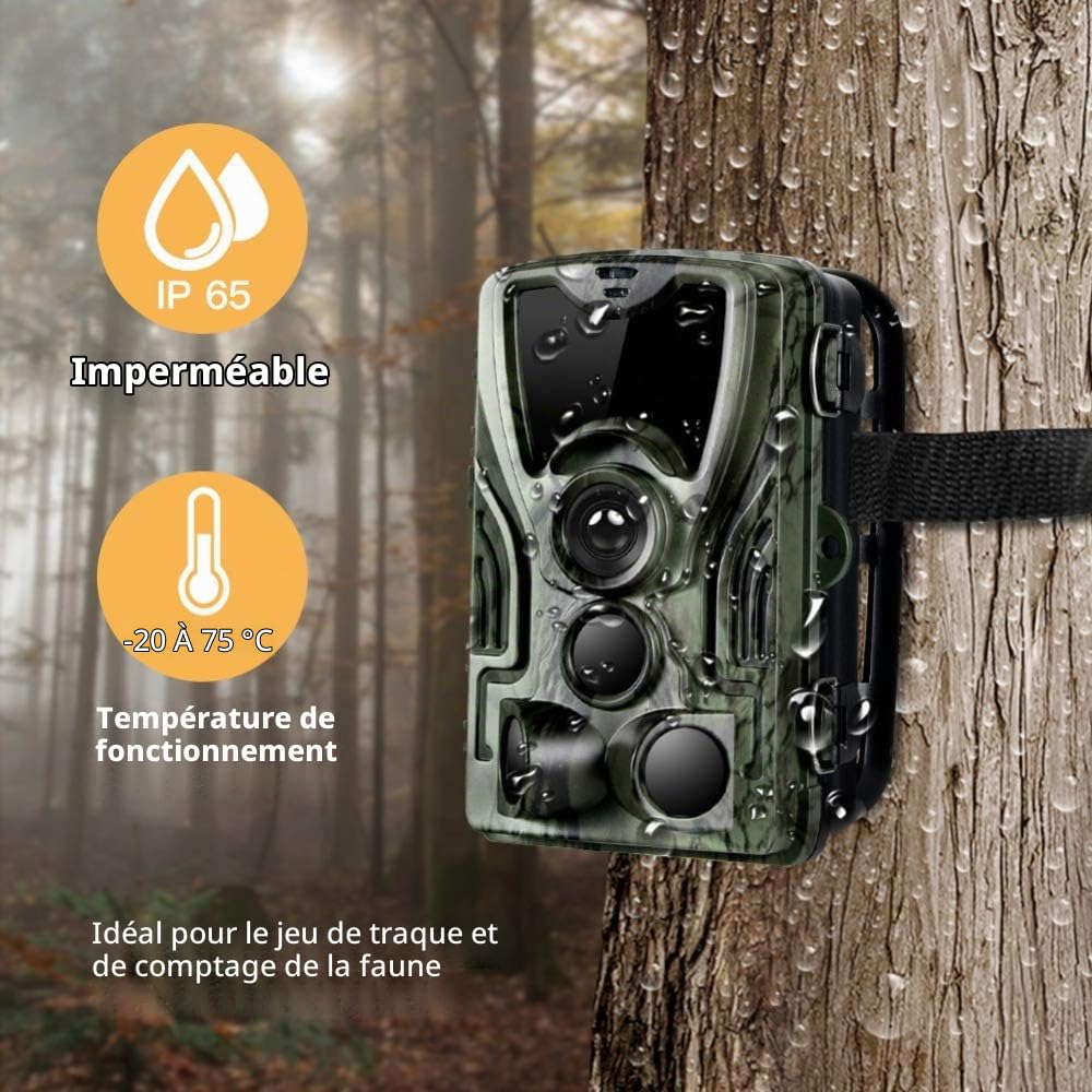 Caméra de Chasse avec 2PCS 5000mAh Lithium Batterie Rechargeable, Trail Caméra 20MP 1080P Sécurité No Glow Vision Nocturne Infrarouge Invisible activé, 0.3s Vitesse de Déclenchement
