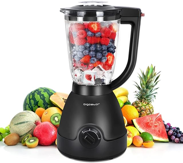 Aigostar 1000W Blender Smoothie Maker, 1.5 Litre Glass Jug Blender Mixer for Smoothie, Ice Crusher with 6 Stainless Steel Blades, High-Speed Blender with 3 Speeds Control, Easy to Clean, Herman 30VDS