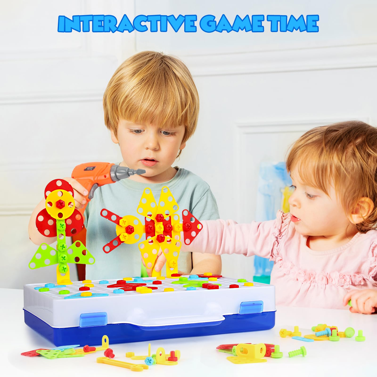 Shawe Spielzeug ab 3 Jahre 3D Mosaik Steckspiel Werkzeugkoffer mit Elektrische Bohrmaschine Montessori Kinderspielzeug Lernspielzeug Geschenke für Kinder ab 3 4 5 6 7 Jahre Jungen Mädchen 237 Stücke