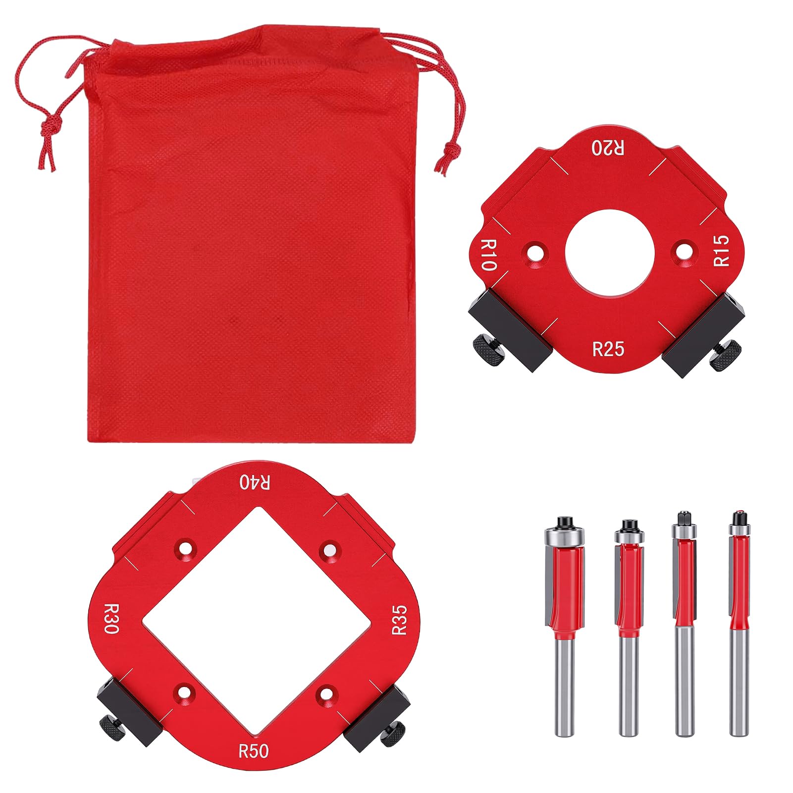 Radius Jig Router Templates, Aluminium Alloy Round Corner Radius Templates Woodworking Router with 4 Router Cutter Bits and Storage Bag for Woodworking R10 R15 R20 R25 R30 R35 R40 R50