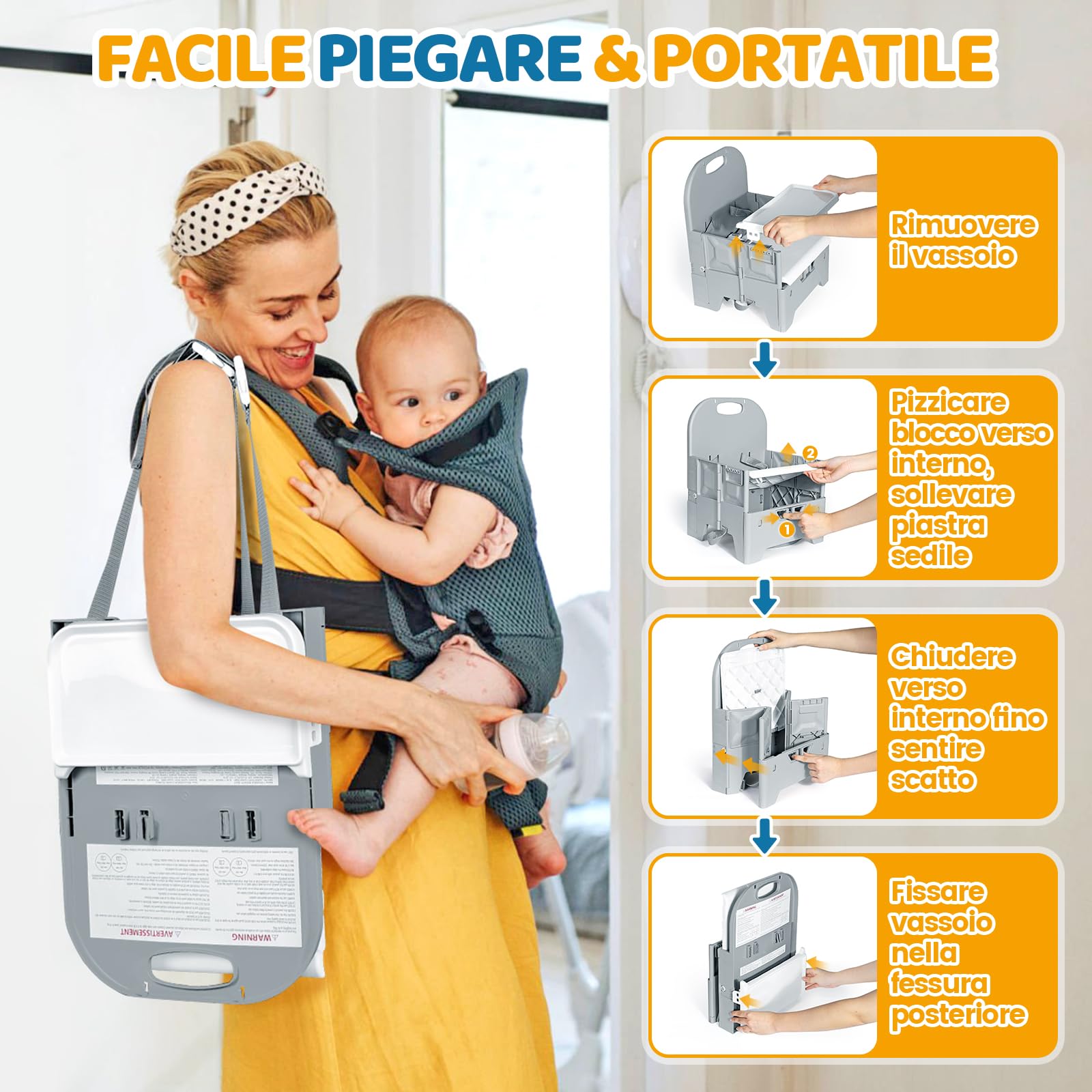 Orzbow Sedia pieghevole per bambini, stabile seggiolone da viaggio con vassoio rimovibile, materiale ABS e struttura stabile, sedia da campeggio portatile per bambini da 6 mesi a 3 anni, 15 kg, grigio