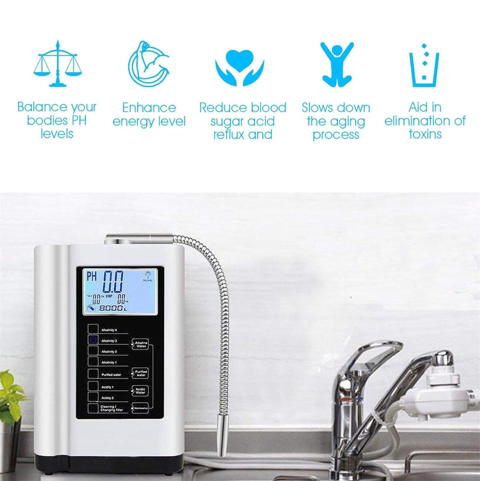 Máquina ionizadora de Agua alcalina, 7 configuraciones de Agua, Sistema de filtración de Agua para el hogar pH3.5-10.5, hasta -500mV ORP, 8000L por Filtro (Sliver)