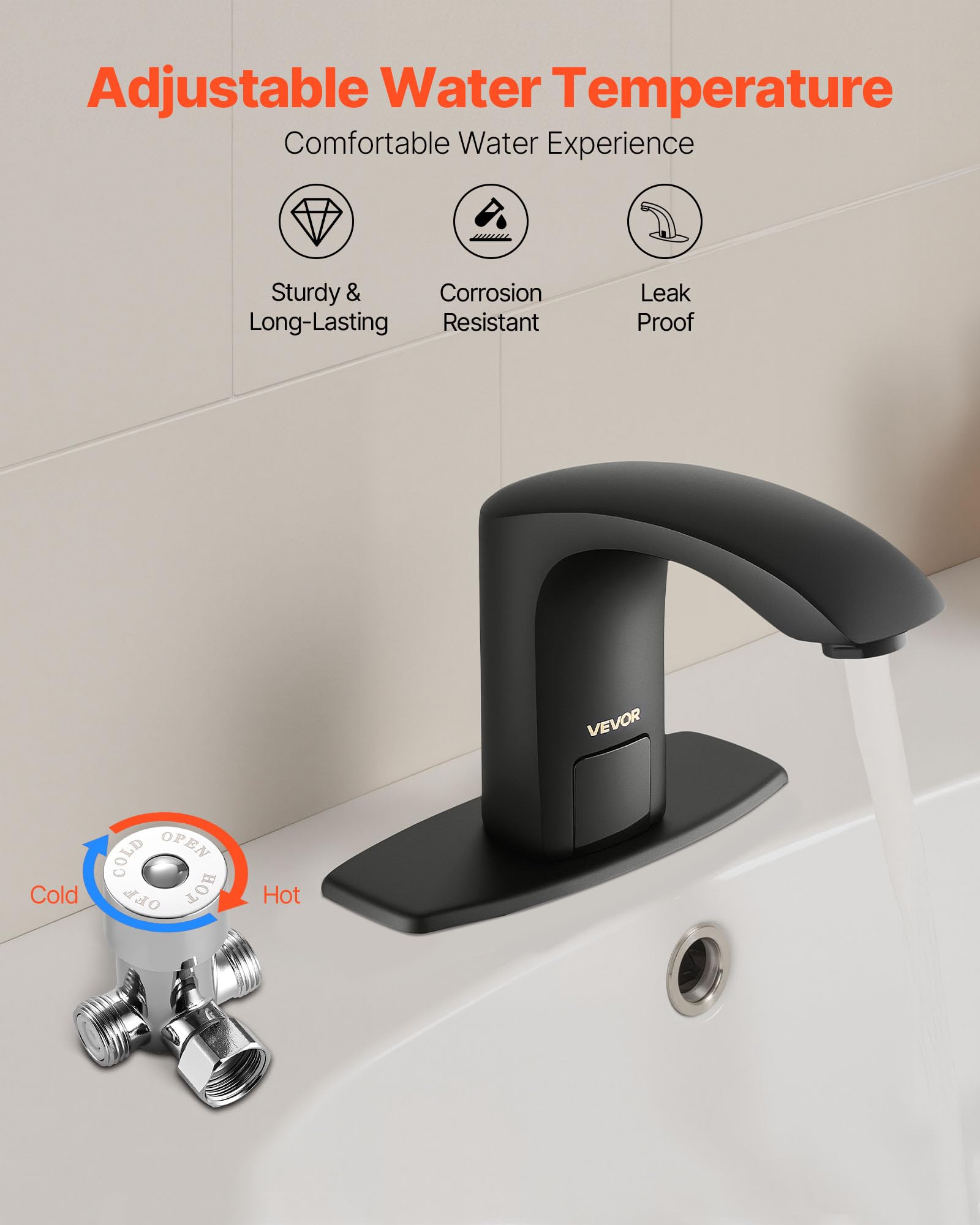 VEVOR Grifo de Lavabo sin Contacto, Grifo Automático para Baño, Alta Resistencia al Agua, con Sensor Manos Libres y Ajustable, Agua Fría/Caliente, a Pilas, Negro Mate, 160 x 45 x 130 mm, 7,6 L/min