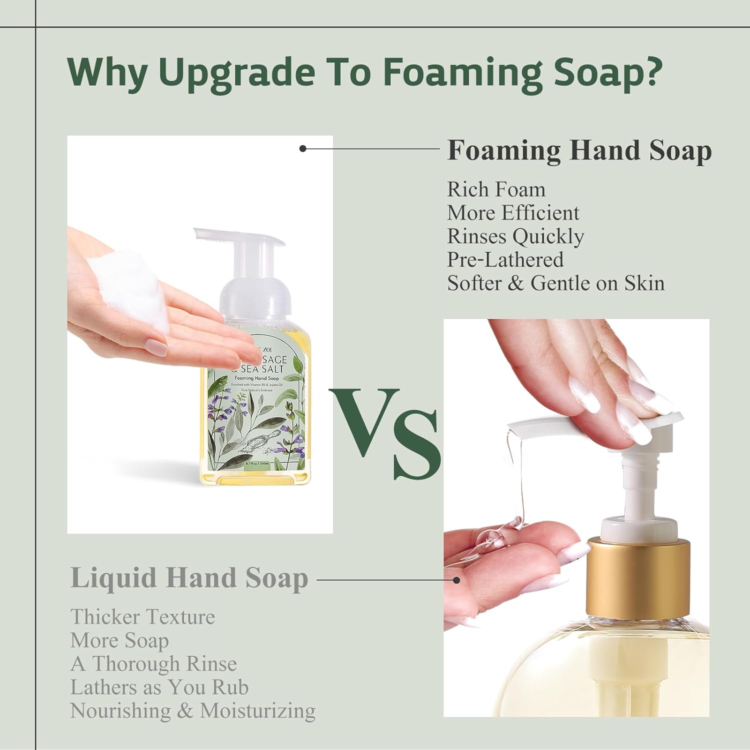 ROMIIE ZOI Foaming Hand Soap Refill Gift Set – Wood Sage & Sea Salt Scent – 3 Pack (1000ML Each) with Dispenser, Gentle & Moisturizing Plant-Based Formula – Bulk Refill Bottles for Bathroom & Kitchen