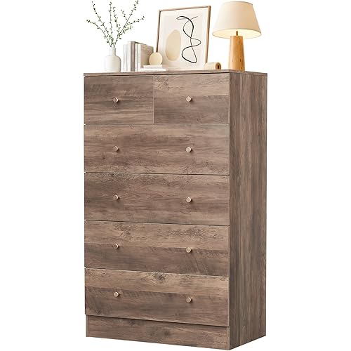 Karl home Dresser for Bedroom, Modern Wood Dresser Chest of Drawers, Bedroom Dressers Nightstand, Anti-Tipping Device, Rose Gold Metal Handle, Living Room, Hallway, Office (Grey-6 Drawer)