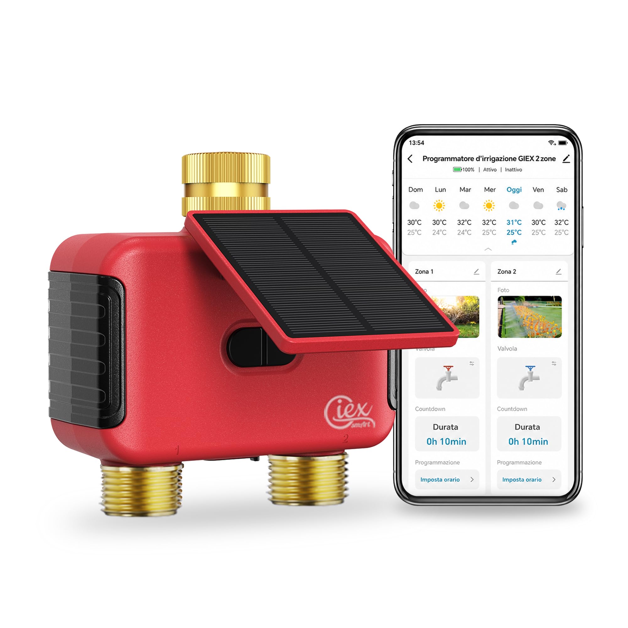Programmatore irrigazione WiFi 2 zone, timer solare ricaricabile con doppia uscita, raccordi in ottone, senza hub, app Smart Life, compatibile Alexa e Google Assistant