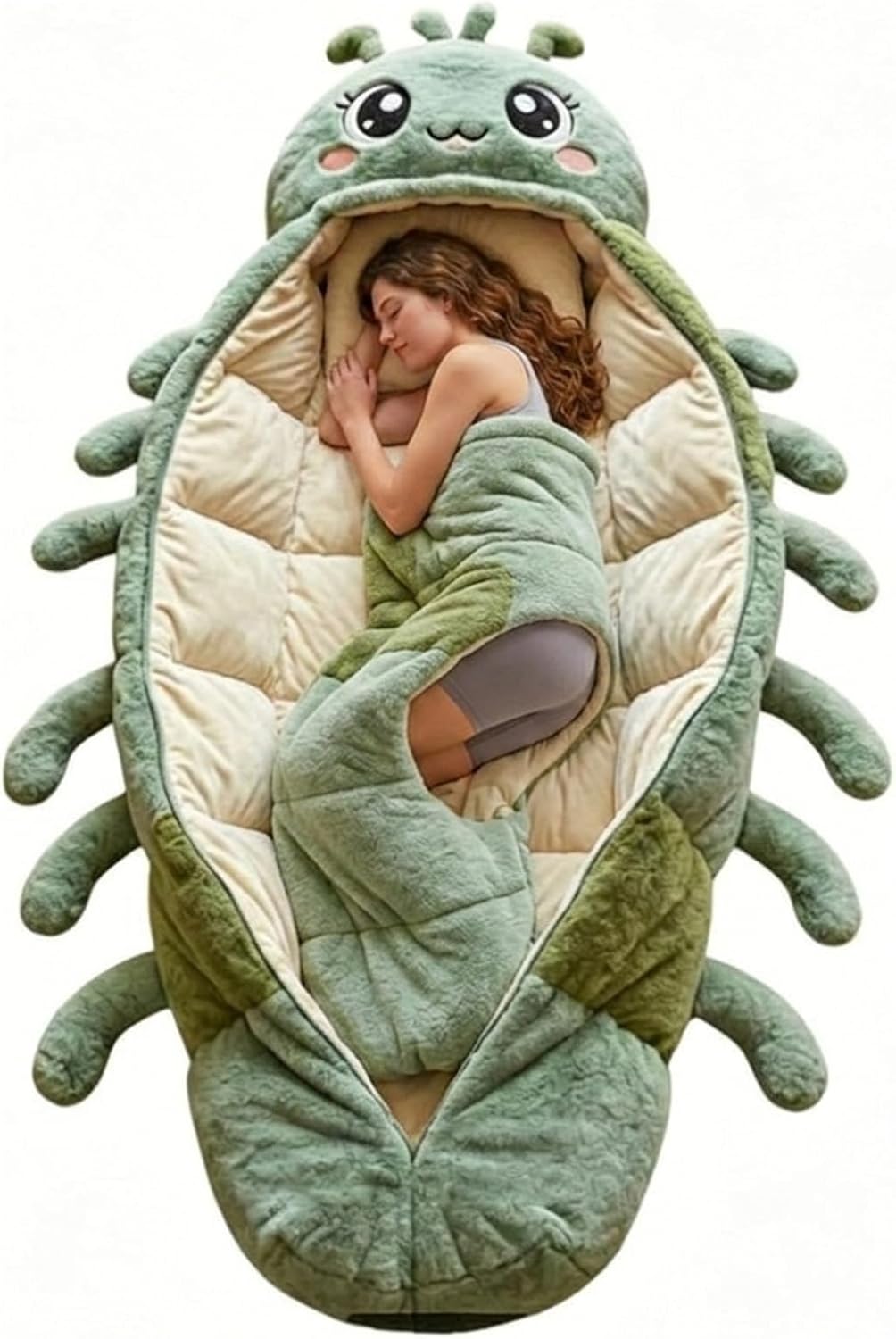 Hugging Caterpillar Sleeping Bag for Adults, Plush Cocoon Sleep Pod with Adjustable Pull Cord, Full Body Animal Lounger, Cozy Hug Sleep Pod for Indoor Naps, Reading & Relaxation