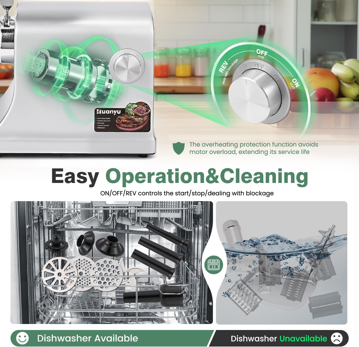 Huanyu Meat Grinder Electric 2800W Vegetable Shredder with 5 Sets Stainless Steel Blades,French Fry Blade,3 Sausage Stuffers,Kubbe Kits,Heavy Duty Grinding Machine for Home Kitchen & Commercial Using