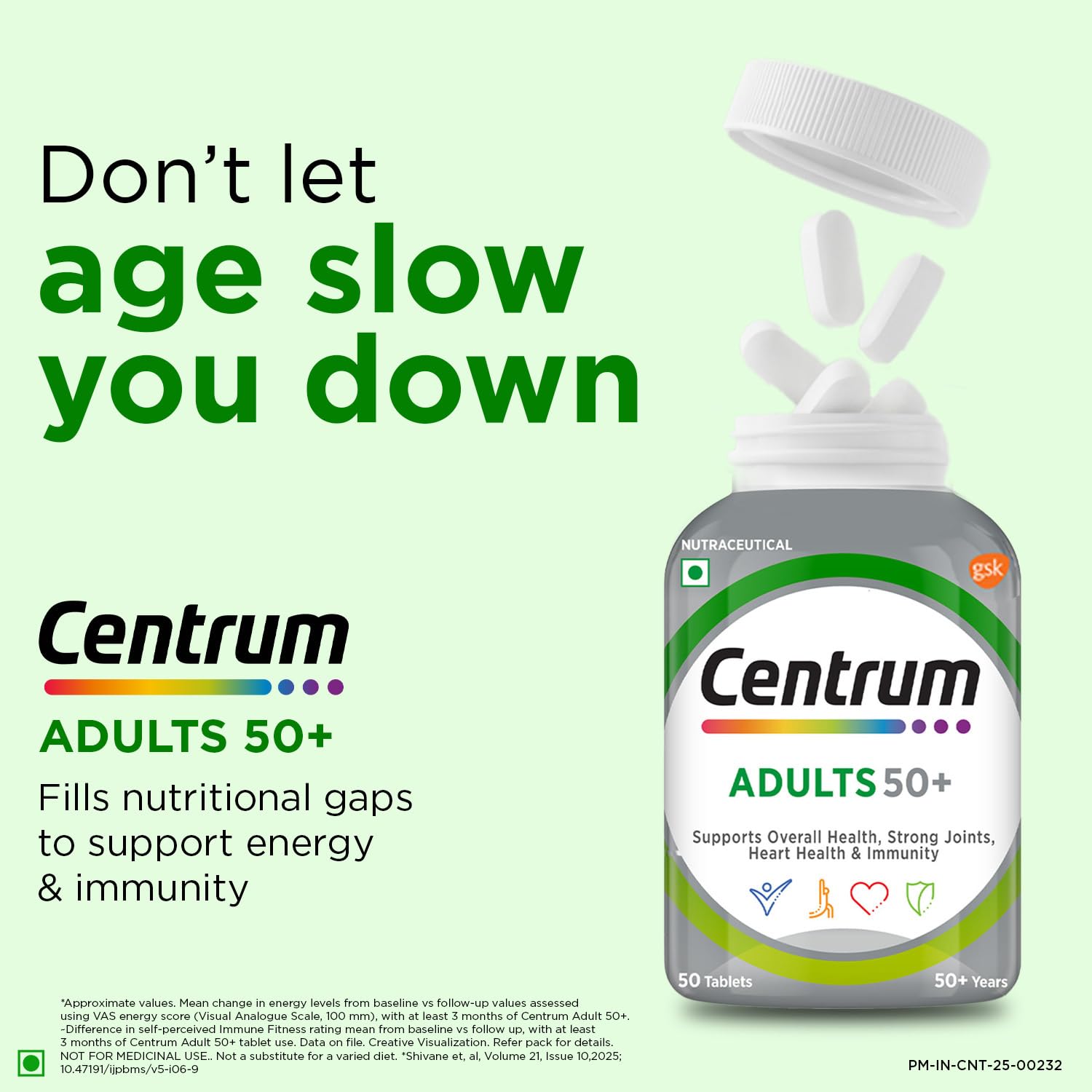 Centrum Adults 50+ Multivitamin Tablet for Men & Women|With 23 Vital Nutrients including Zinc,Magnesium, Vitamin B,C,D, Calcium for Energy, Strong Joints, Immunity and Heart Health|Veg - 50 tablets 1