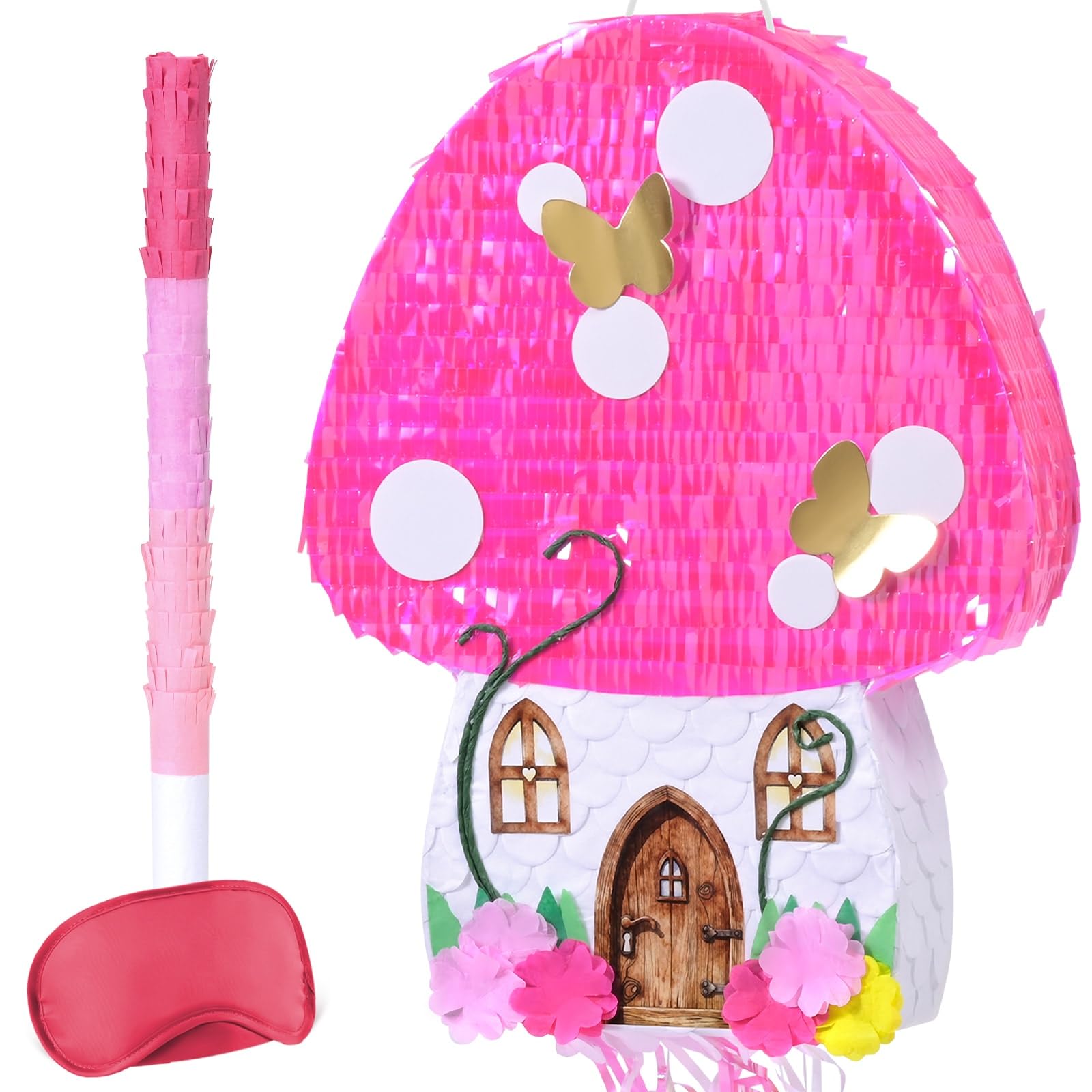 WERNNSAI Pink Mushroom House Pinata - Enchanted Forest Party Decorations Mushroom Pinata with Stick and Blindfold for Fairy Birthday Decorations Garden Party Supplies Cottagecore Decor — image 1
