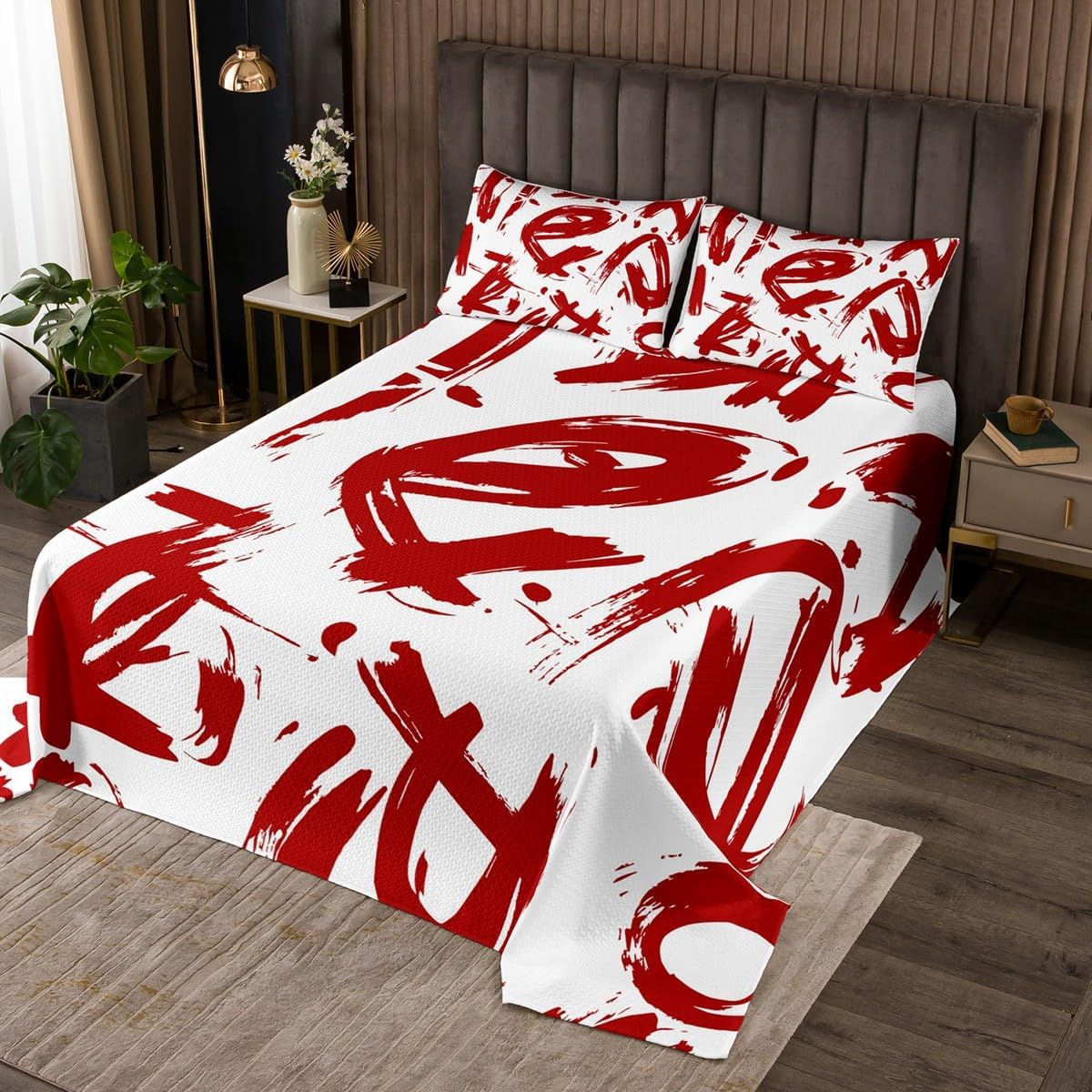 Urban Art Kids Bedspread Queen Size,Hip Hop Texture Graffiti Coverlet Set,Girls Boys Room Decor,Exotic Simplie Modern Quilted Coverlet,White Red Bedding Quilt,2 Pillowcases