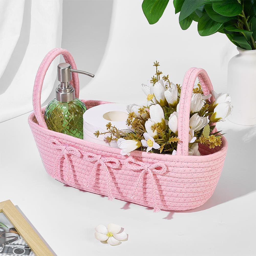 Pink Bow Toilet Tank Paper Towel Holder Woven Storage Basket