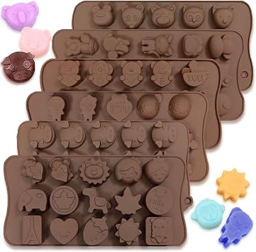 6 pcs Silicone Chocolate Molds, CNYMANY Animal Shapes Love Material Candy Mold Jelly Mould Non-Stick Kitchen Baking Pans Ice Cube Trays for Party Festival - 76 Shapes
