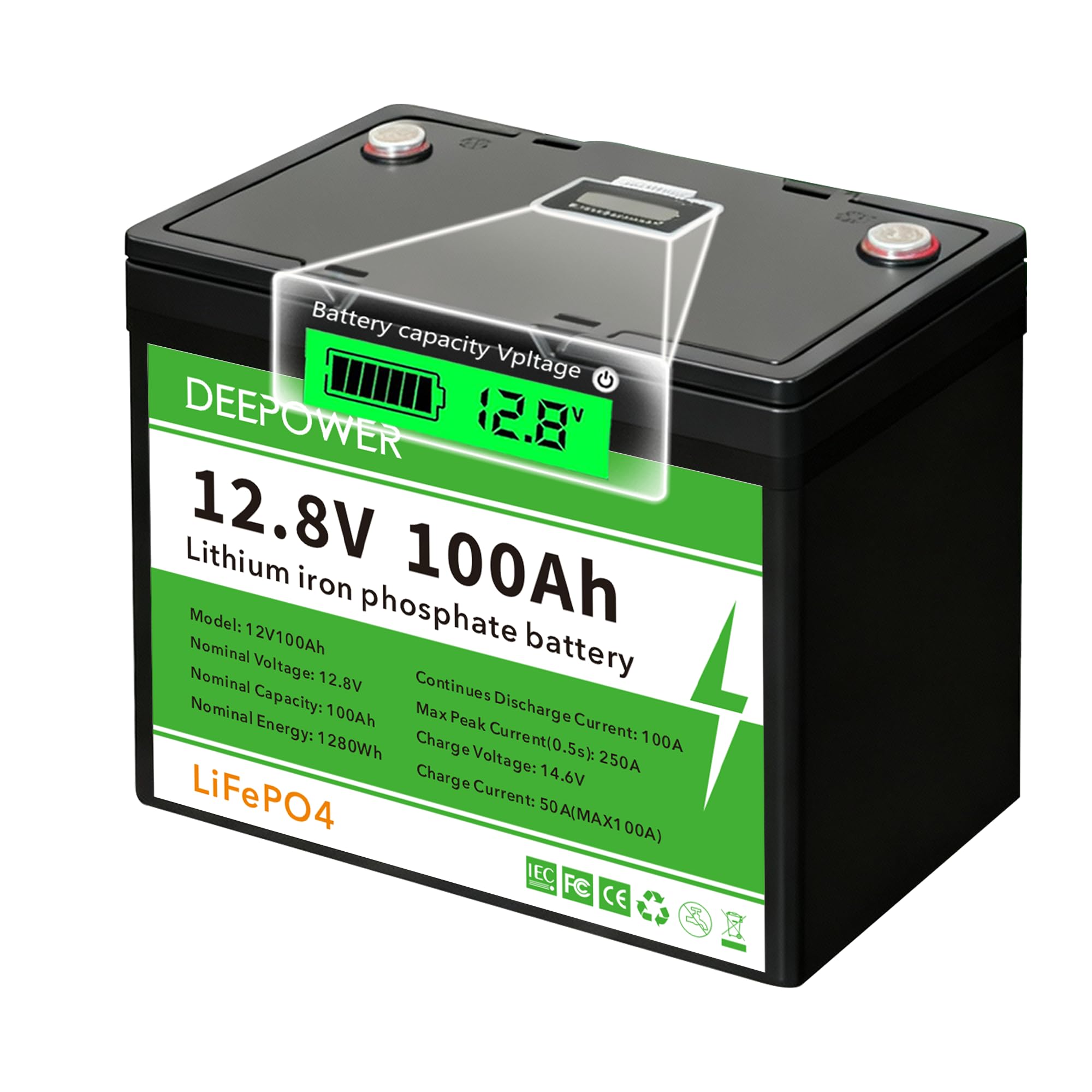 12V100Ah LiFePO4 Batería con Indicadores LED, 15000 Ciclos Profundos, 100A BMS, Celdas de Grado A, 1280Wh Energía, para RV, Camping, Sistemas Solares, Barcos y Off-Grid (12V 100AH LED)