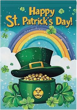St. Patrick Garden Flag 12x18 inch Double Sided Decorative Lucky Clover Gold Pot Coin Rainbow Hat House Yard Flags for Spring Summer Garden Yard Outdoor Indoor Lawn Farmhouse Outside Decoration