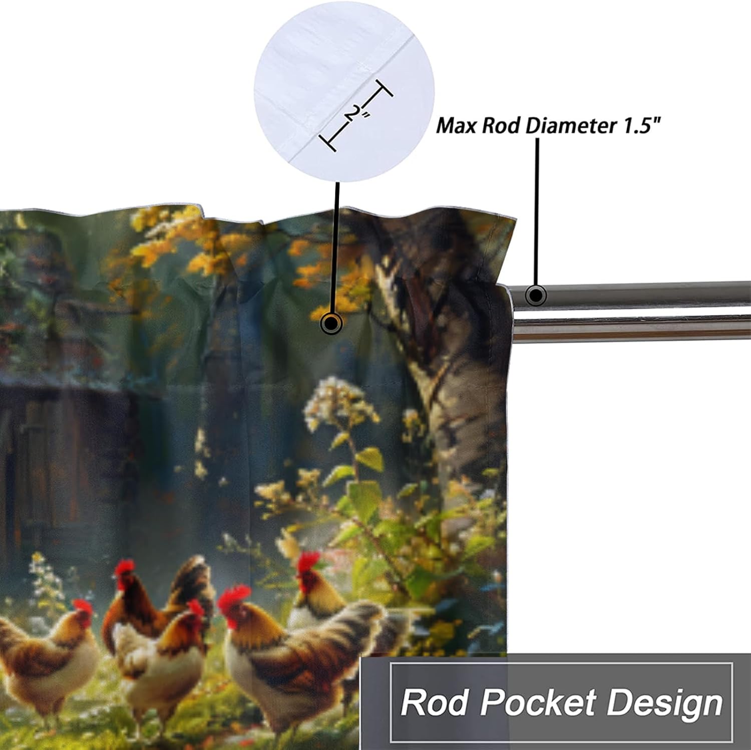 Chicken, Kitchen Curtain and Valances Farmhouse Cottage Floral Rustic Rooster Rod Pocket Valance Curtain for Bedroom, 54x18inch(2Pcs)