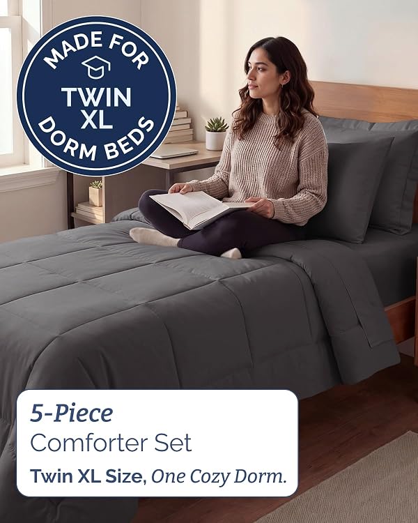 Twin XL Comforter Set - 5 Piece Bed in a Bag Twin XL Size - Dark Grey by CGK Unlimited - Used condition - Image 2