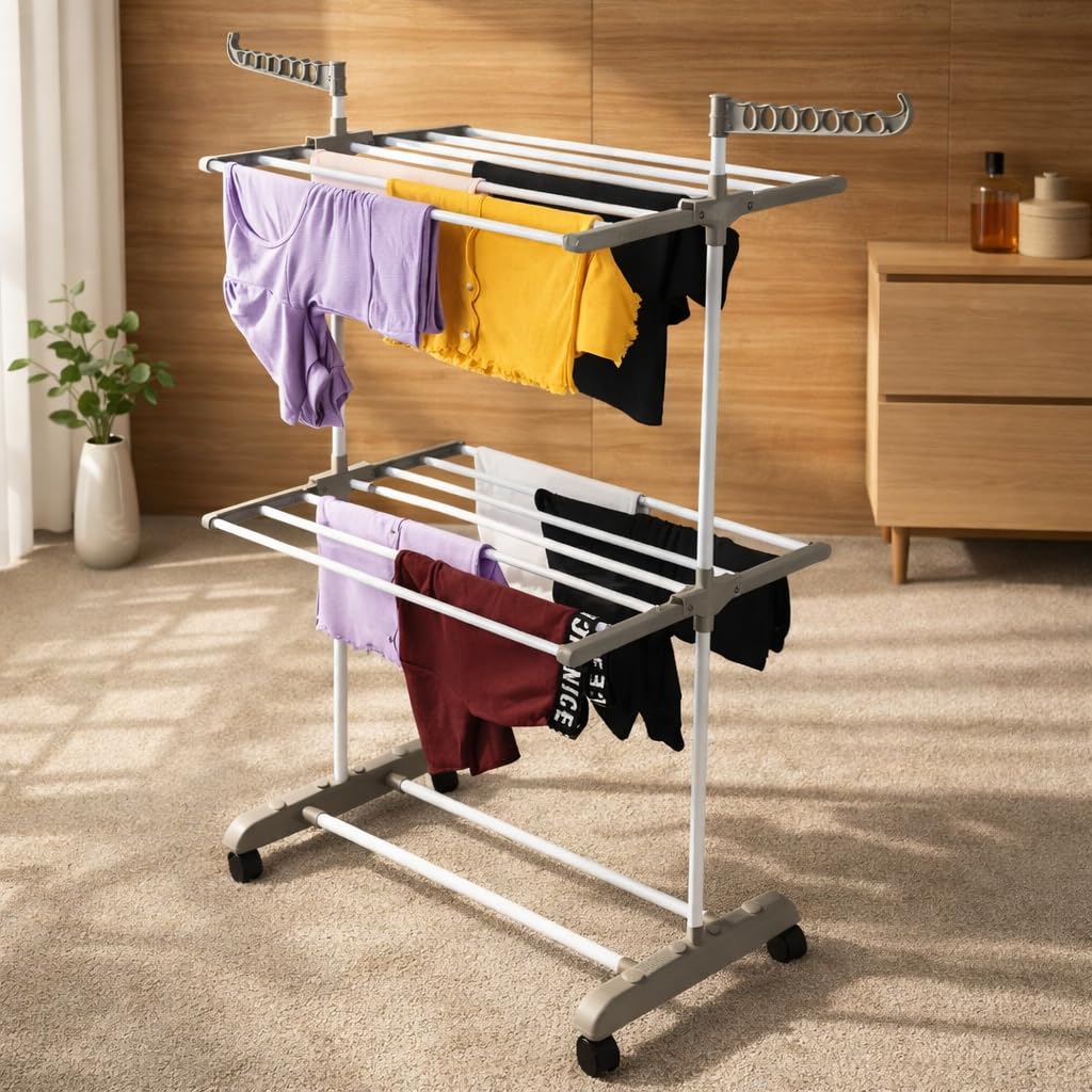 FLIPZON Clothes Drying Stand with Wheels | 2 Layer Foldable Cloth Stand for Balcony | 14 Rods with Hanger Slots | Alloy Steel Frame with Durable Plastic (Grey & White, 2-Tier)-image-17