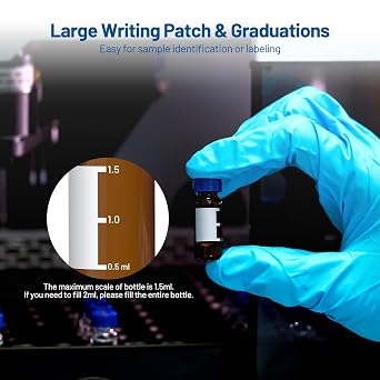 2mL Amber Autosampler Vials, HPLC & GC Sample Vials with Write-on Spot and Graduations, 9-425 Blue Polypropylene Screw Cap & White PTFE Red Silicone Septa, 100 Pack