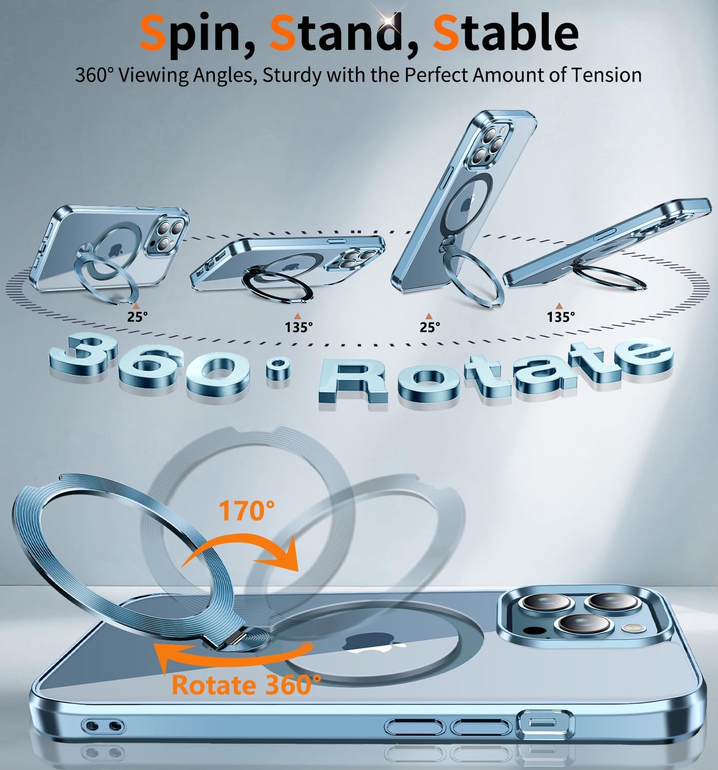 [CD Metal Ring & Invisible 360° Spin Stand] Magnetic Case for iPhone 13 Pro Max [Electroplated Shockproof Bumper ] [Compatible with Mag Safe] Cover with Stand for Women Men Slim Clear - Sierra Blue - Image 4