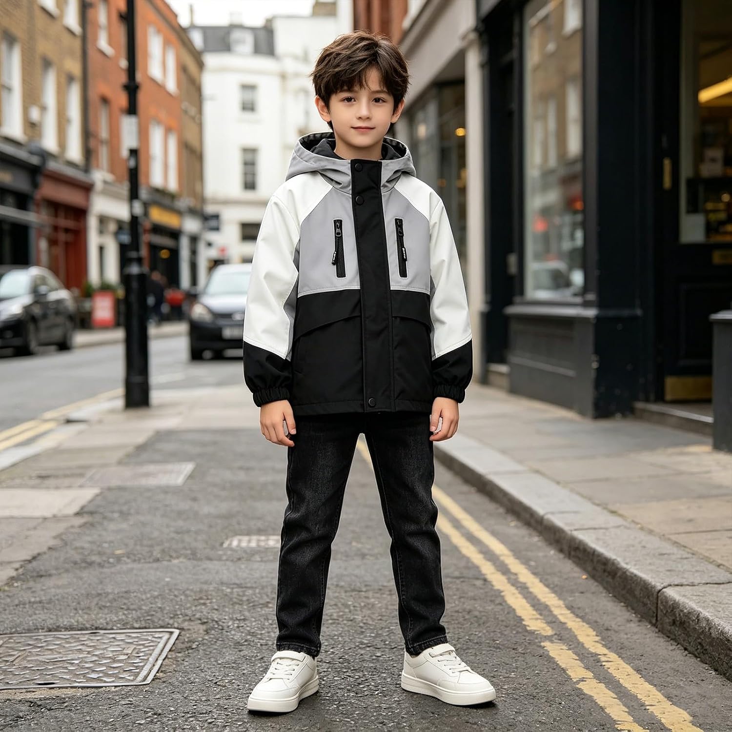 Lightweight Hooded Windbreaker Rain Jacket for Boys Block Color Waterproof Outdoor Raincoat Kids Zip Button down Hiking
