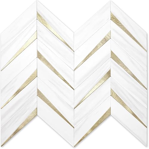 Vista 15 de STICKGOO Azulejos de espiga de 10 hojas para despegar y pegar, mármol Calacatta mezclado con PVC dorado claro en muro, azulejos de pared Calacatta