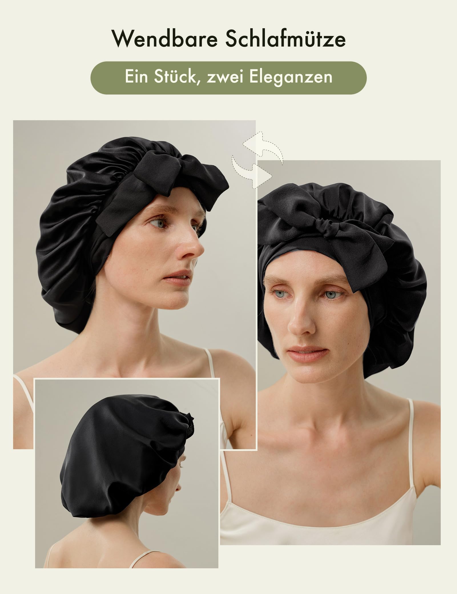 LILYSILK Damen 100% Maulbeerseide Haube Doppellagig Waschbar Reversibel Schlafhaube mit größerem Umfang und verlängerbaren Bändern
