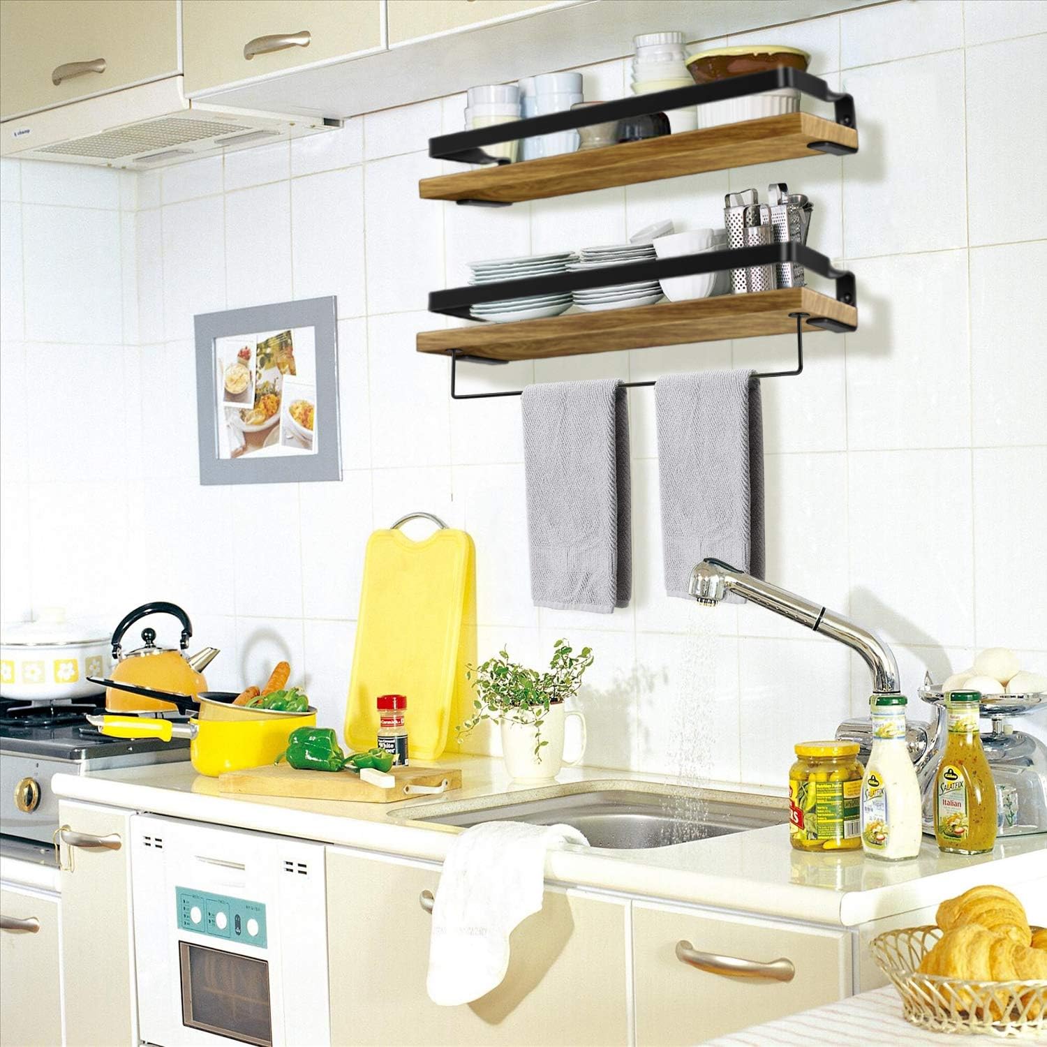 Soraken Floating Shelves, Wall Shelves Wall Mounted Bathroom Shelf, Rustic Wood Wall Storage Shelves for Kitchen, Bathroom, Living Room and Bedroom Set of 2 with Removable Towel Holder-Yellow