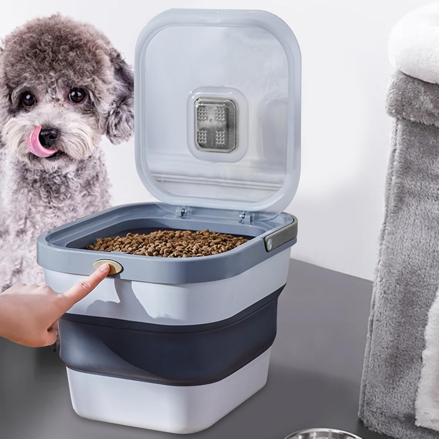 Pet Food Container - Airtight Foldable Bin, Secure Storage Bucket | Foldable Food Box with Lid, Space-Saving Dry Kibble Organizer for Cats, Dogs, Home Use