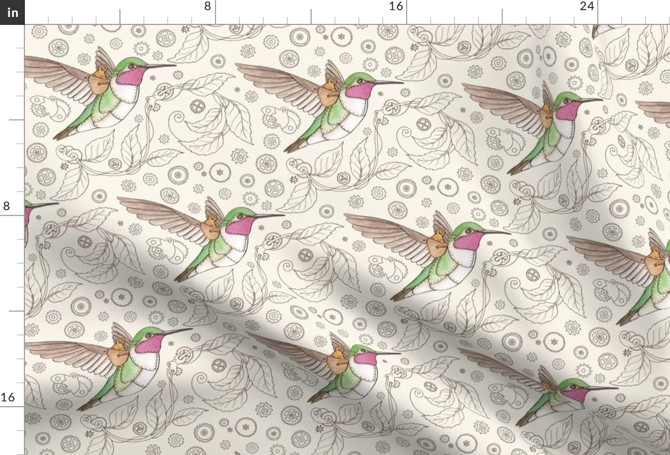 Spoonflower Fabric - Steampunk Hummingbird Clockwork Bird Line Drawing Printed on Upholstery Velvet Fabric Fat Quarter - Upholstery Home Decor Bottomweight Apparel