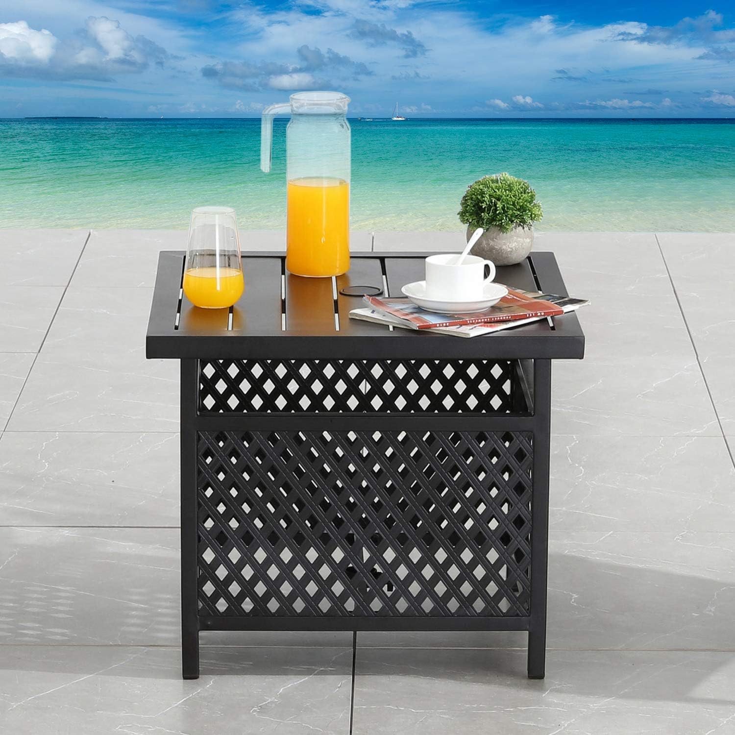 Festival Depot Patio Side Coffee Table Stand with 1.6 Umbrella Hole Black Steel for Outdoor Bistro Garden Poolside Deck (21.8x 21.8x 18.5)