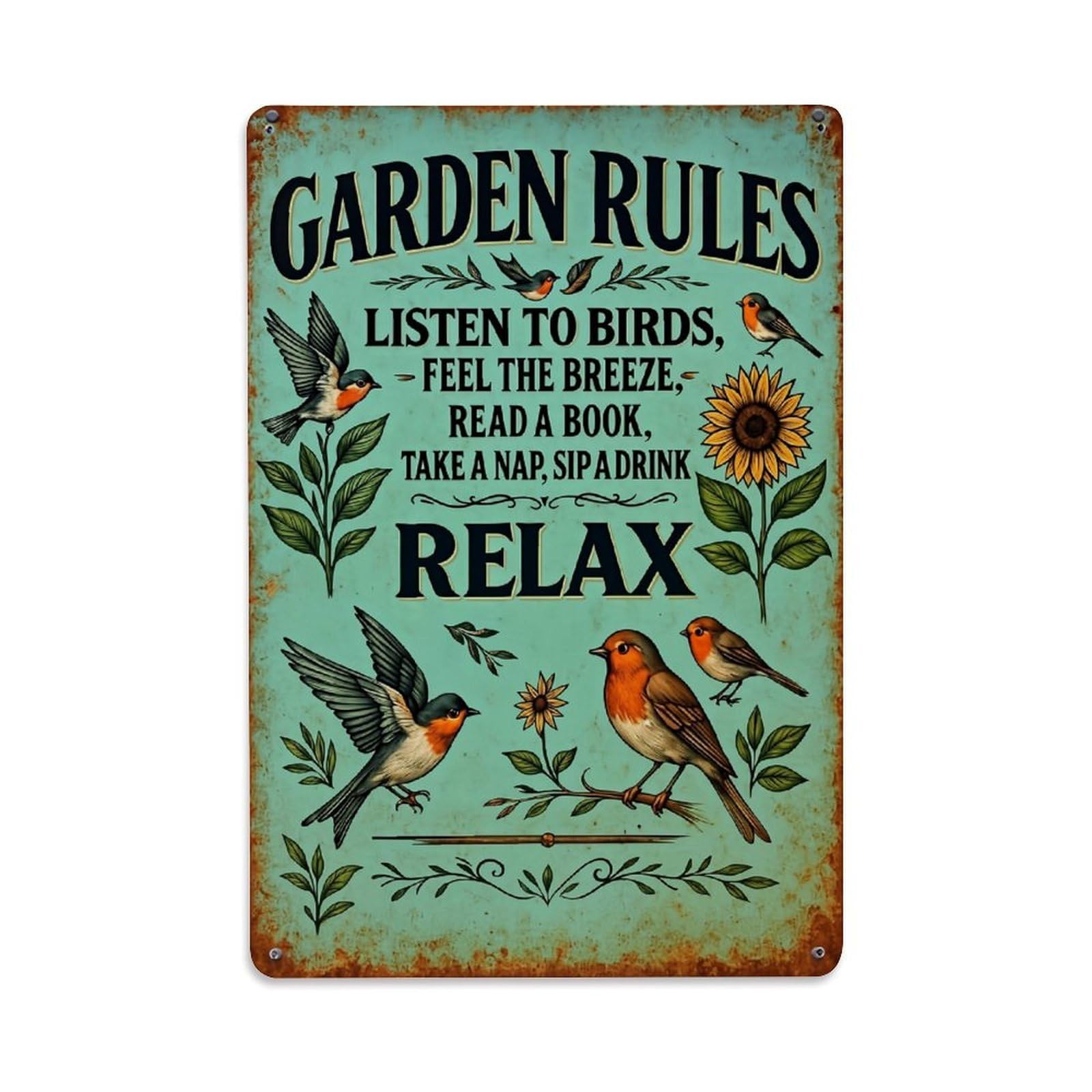 Nestemfo Vintage Garden Rules Relax Bird Sunflower Tin Sign Metal Sign, Living Room,Bar, Home, Bedroom Wall Decor,Retro Metal Poster 8X12 Inches