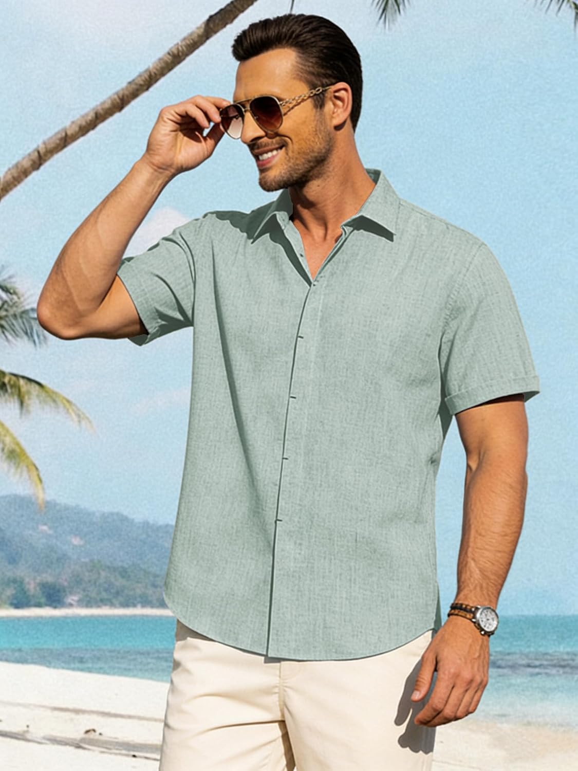 Mens Linen Shirts Short Sleeve Casual Shirt Button Down Summer Beach Vacation Tops Men Casual Dress Shirts Breathable - Image 4