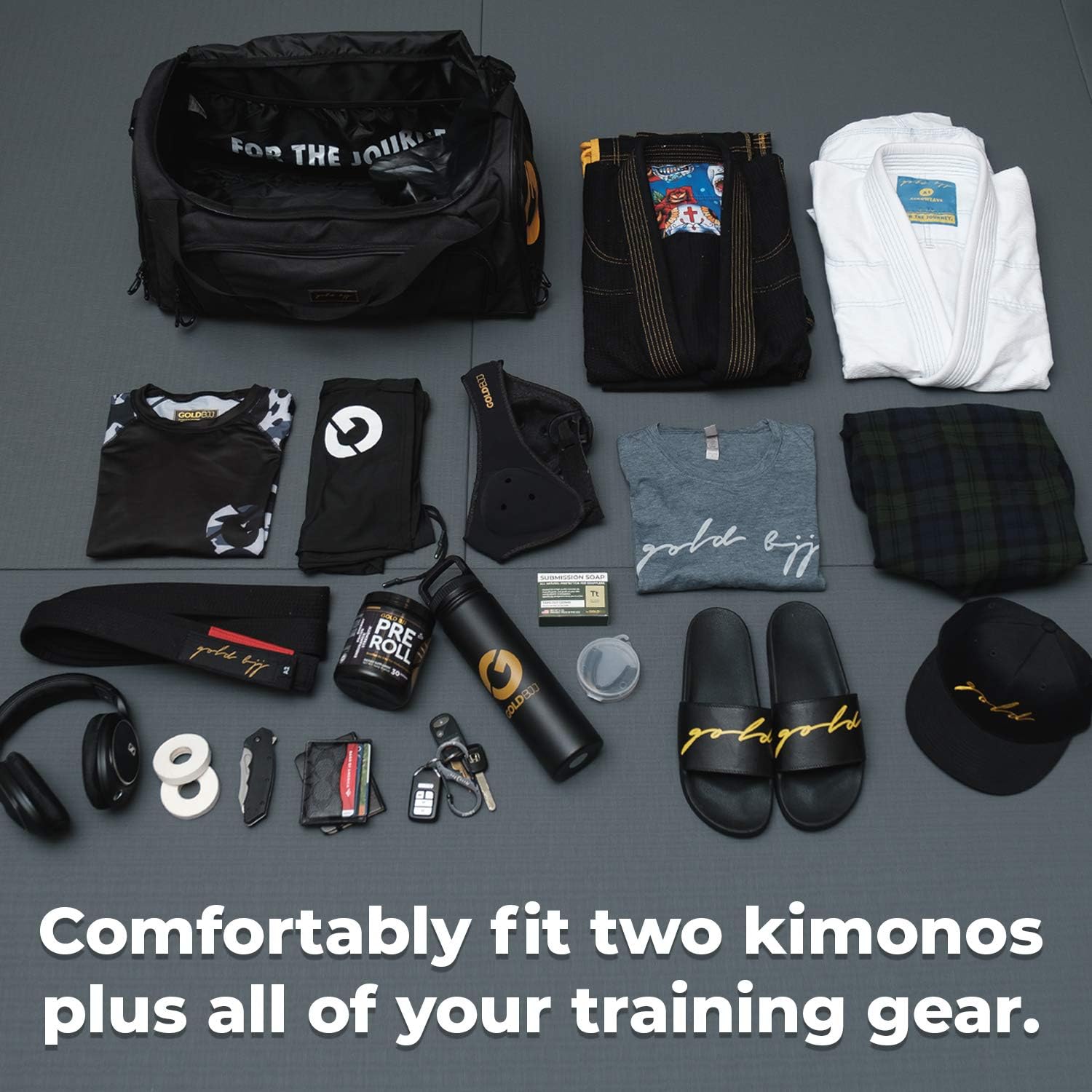Gold BJJ Jiu Jitsu Duffle Bag - Waterproof Pocket for Sweaty Gi, Rashguard, or Shoes - The Perfect Duffel Bag for Martial Arts Gear, Boxing, MMA, and More