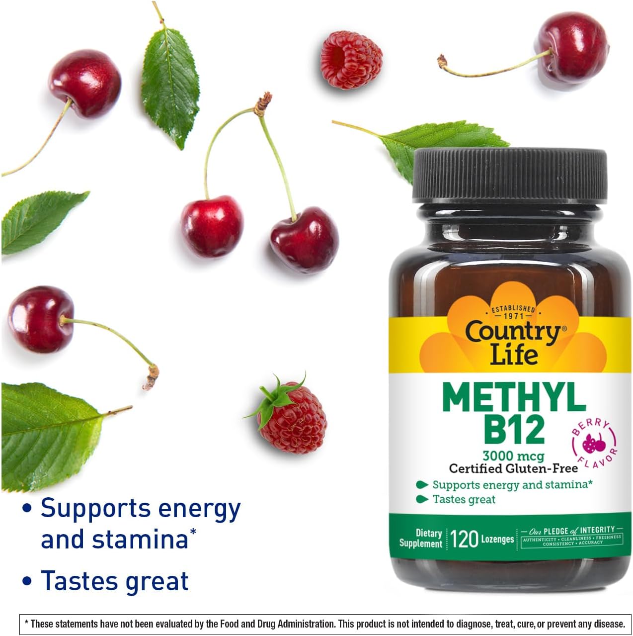 Country Life Methyl B12, 3000 mcg Lozenges, Supports Energy & Stamina, Metabolism & Red Blood Cell Production, Berry Flavor, 120 Vegan Lozenges, Certified Gluten Free & Halal