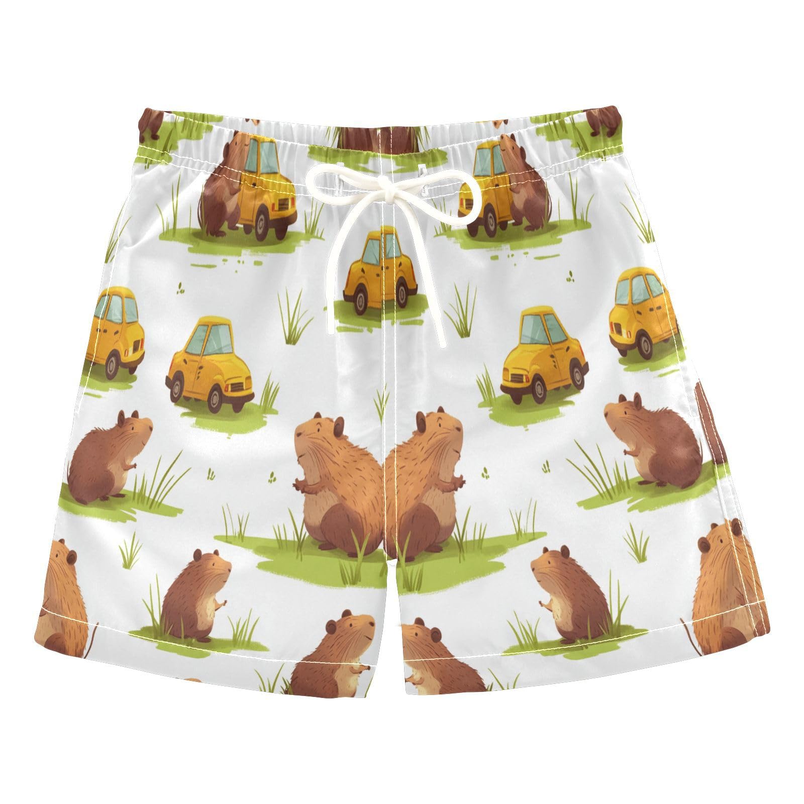 Jucciaco Boys Beach Board Shorts Yellow Capybara Car Animal Quick Dry Swim Trunk Swimwear for Kids