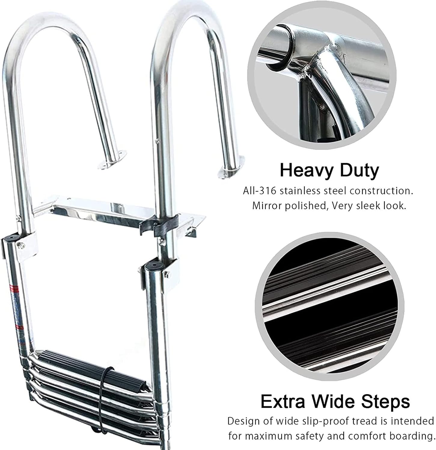4 Step Stainless Steel Pontoon Boat Ladder, Folding Telescoping Rear Entry Inboard Ladder Swim Deck Ladder with Pedal Hand Railing with Extra Wide Steps