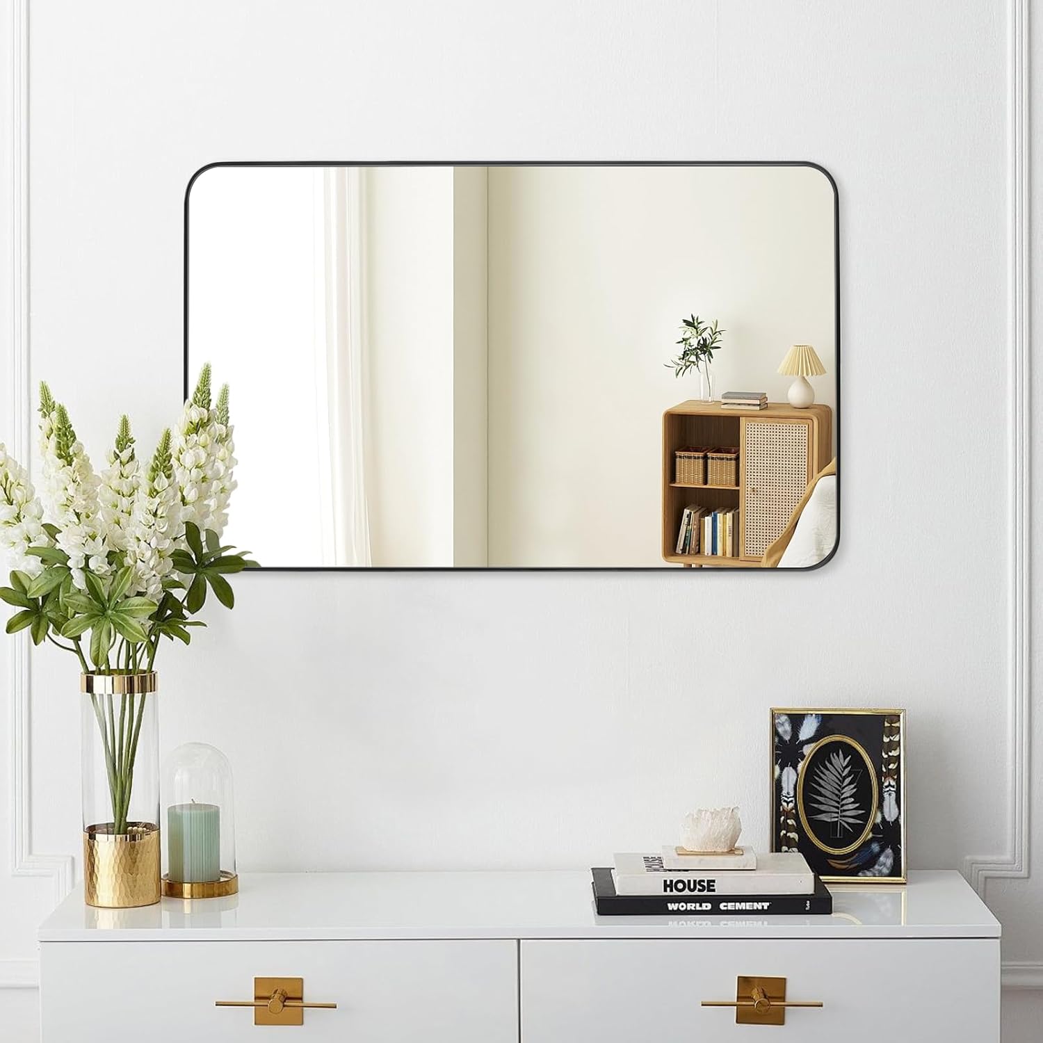 Black Bathroom Mirror 30X48 Inch Rounded Rectangle Wall Mirror Stainless Steel Metal Frame Vanity Mirror Anti-Rust for Entryway
