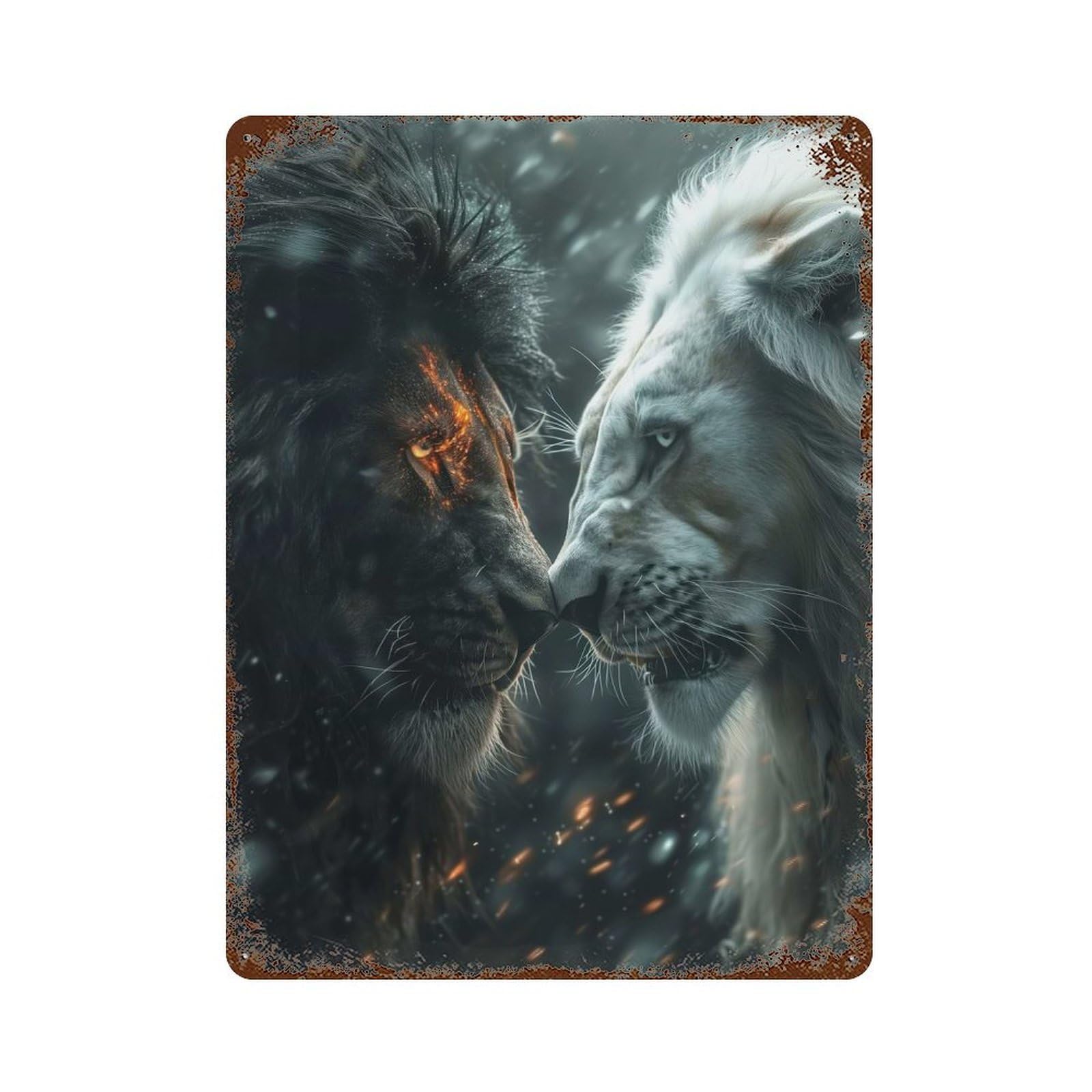 Black Lion Vs White One Aged Metal Wall Plaque 15.7"x11.8", Industrial Home Decor for Pub, Kitchen And Man Cave Decor